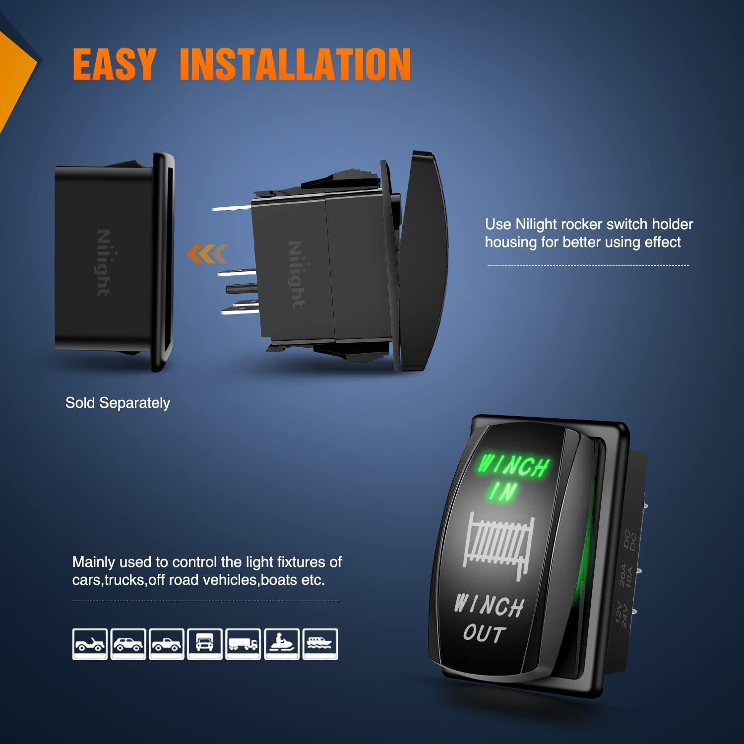 imageNilight Winch Rocker Switch Momentary Toggle ON Off DPDT 7Pin 12V 24V Jumper Wires in Out Switches Red for Cars Trucks Caravans BoatsGreen