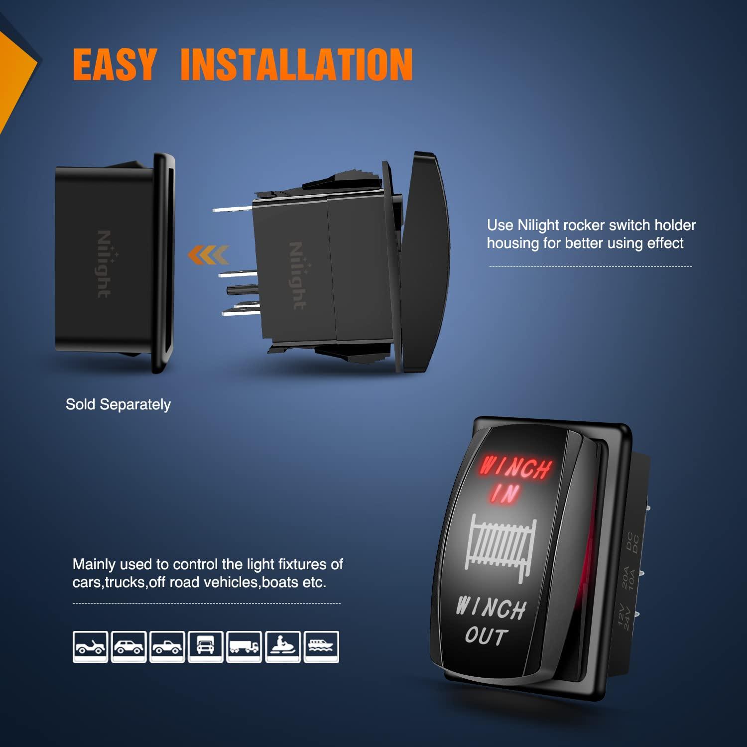 imageNilight Winch Rocker Switch Momentary Toggle ON Off DPDT 7Pin 12V 24V Jumper Wires in Out Switches Red for Cars Trucks Caravans BoatsRed