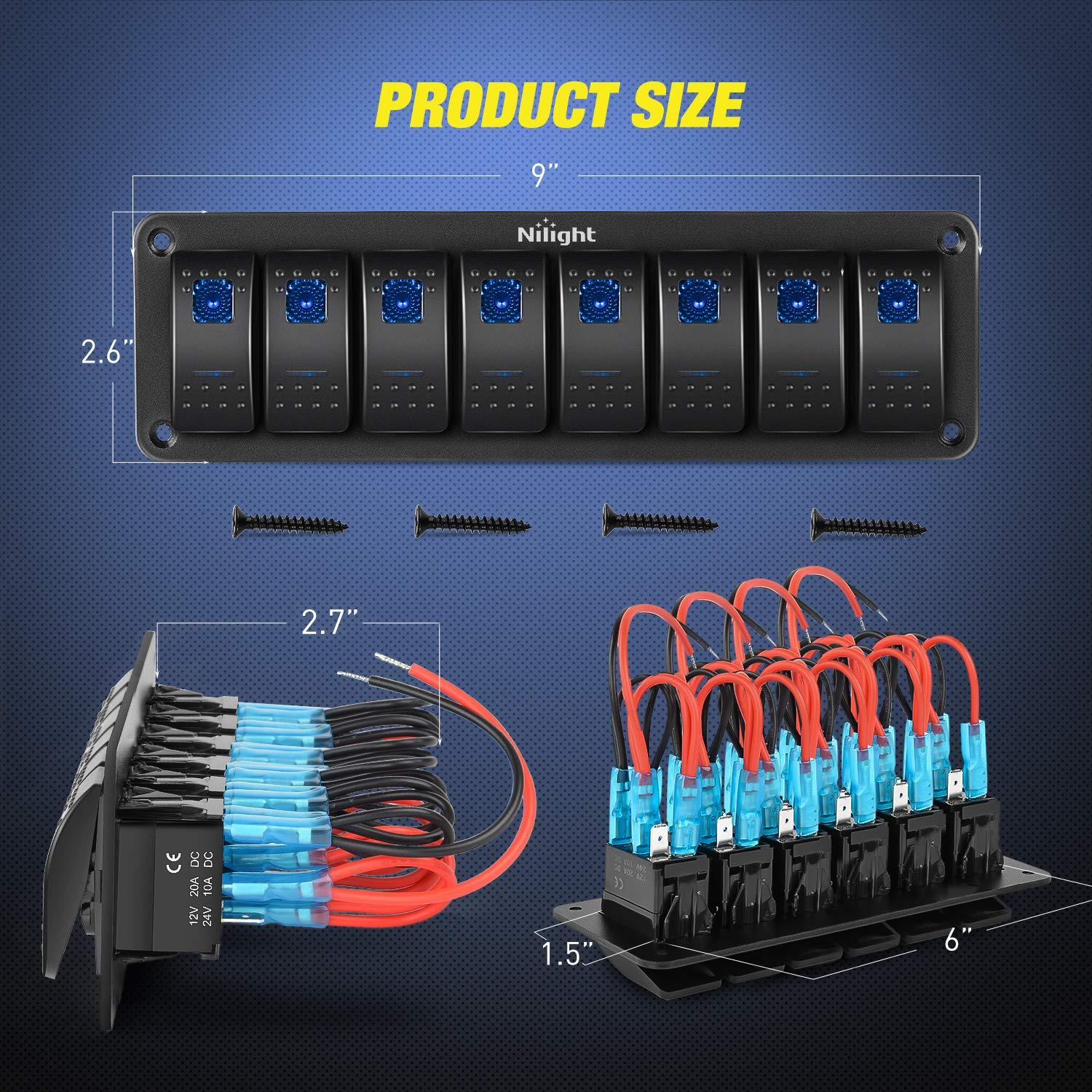 imageNilight90111F 6 Gang Aluminum Rocker Switch Panel Toggle Dash 5 Pin ONOff PreWired Rocker Switch Blue Backlit Switch for Automotive Car Marine Boat RV2 Years WarrantyBlue