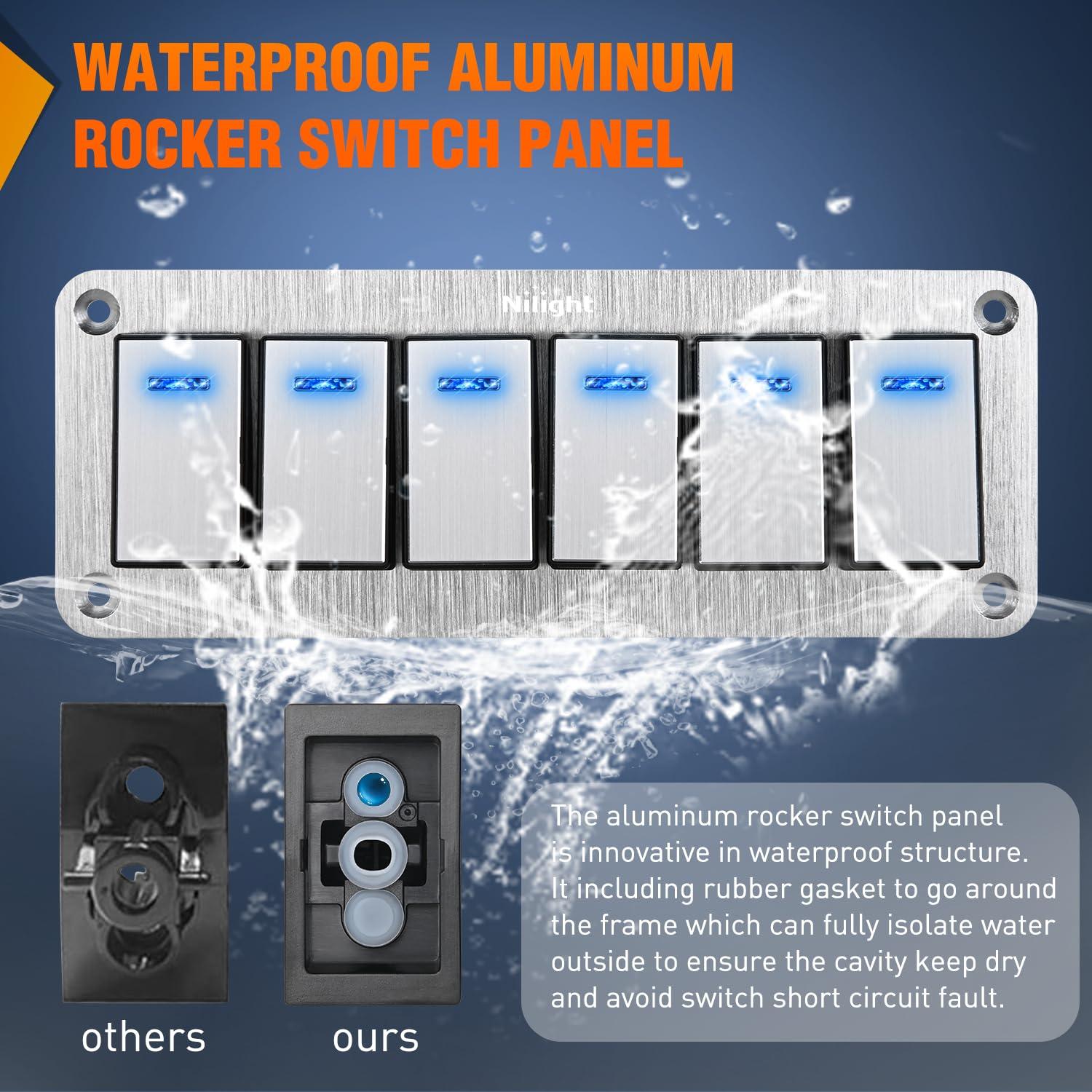 imageNilight90111F 6 Gang Aluminum Rocker Switch Panel Toggle Dash 5 Pin ONOff PreWired Rocker Switch Blue Backlit Switch for Automotive Car Marine Boat RV2 Years WarrantySilver