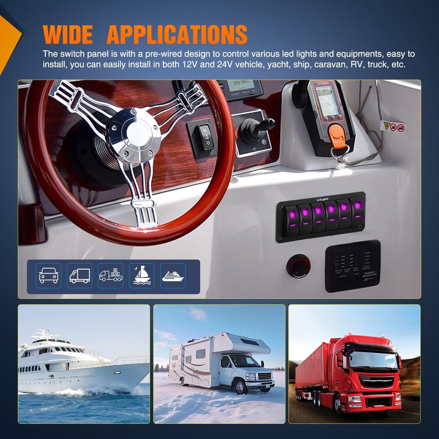 imageNilight90111F 6 Gang Aluminum Rocker Switch Panel Toggle Dash 5 Pin ONOff PreWired Rocker Switch Blue Backlit Switch for Automotive Car Marine Boat RV2 Years WarrantyPurple