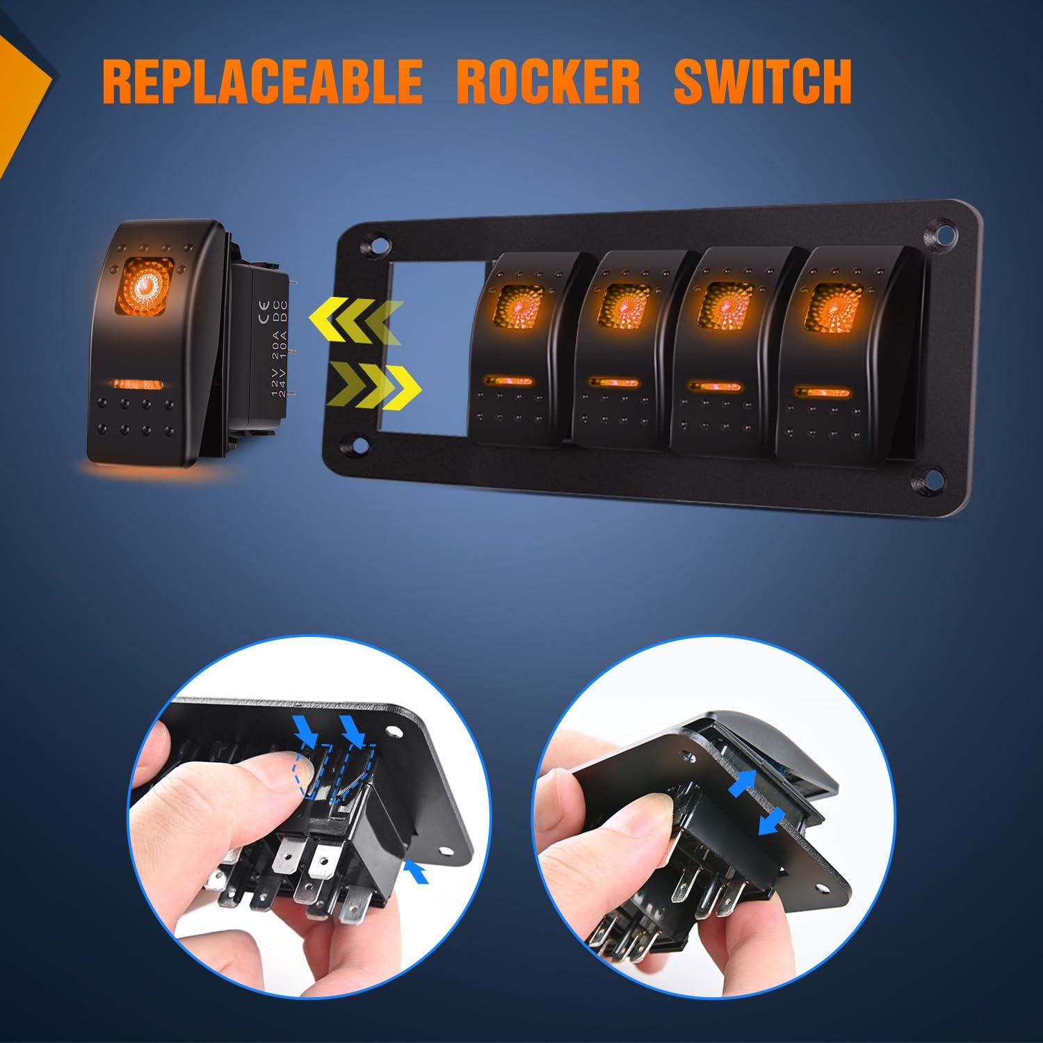 imageNilight90111F 6 Gang Aluminum Rocker Switch Panel Toggle Dash 5 Pin ONOff PreWired Rocker Switch Blue Backlit Switch for Automotive Car Marine Boat RV2 Years WarrantyAmber