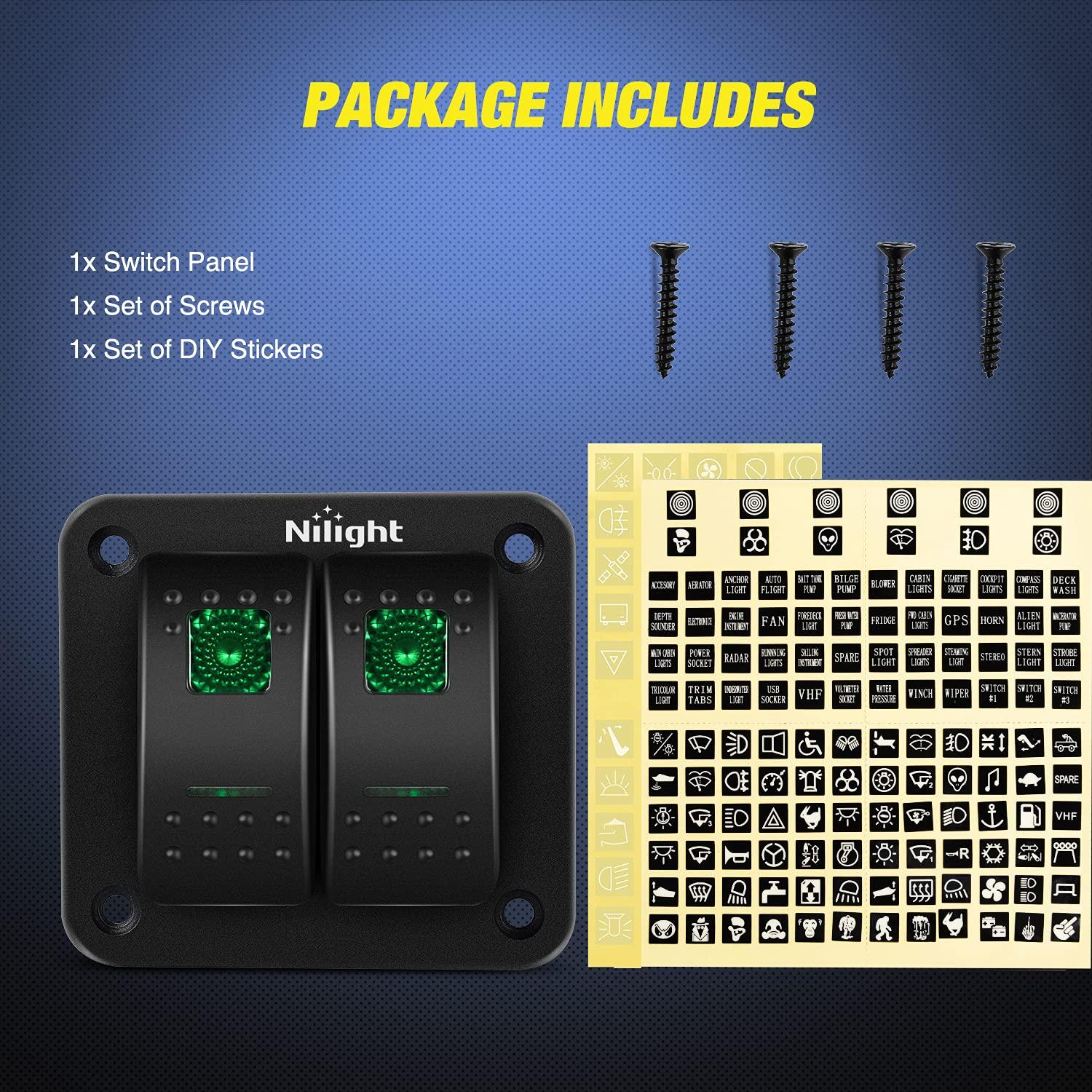 imageNilight90111F 6 Gang Aluminum Rocker Switch Panel Toggle Dash 5 Pin ONOff PreWired Rocker Switch Blue Backlit Switch for Automotive Car Marine Boat RV2 Years WarrantyGreen