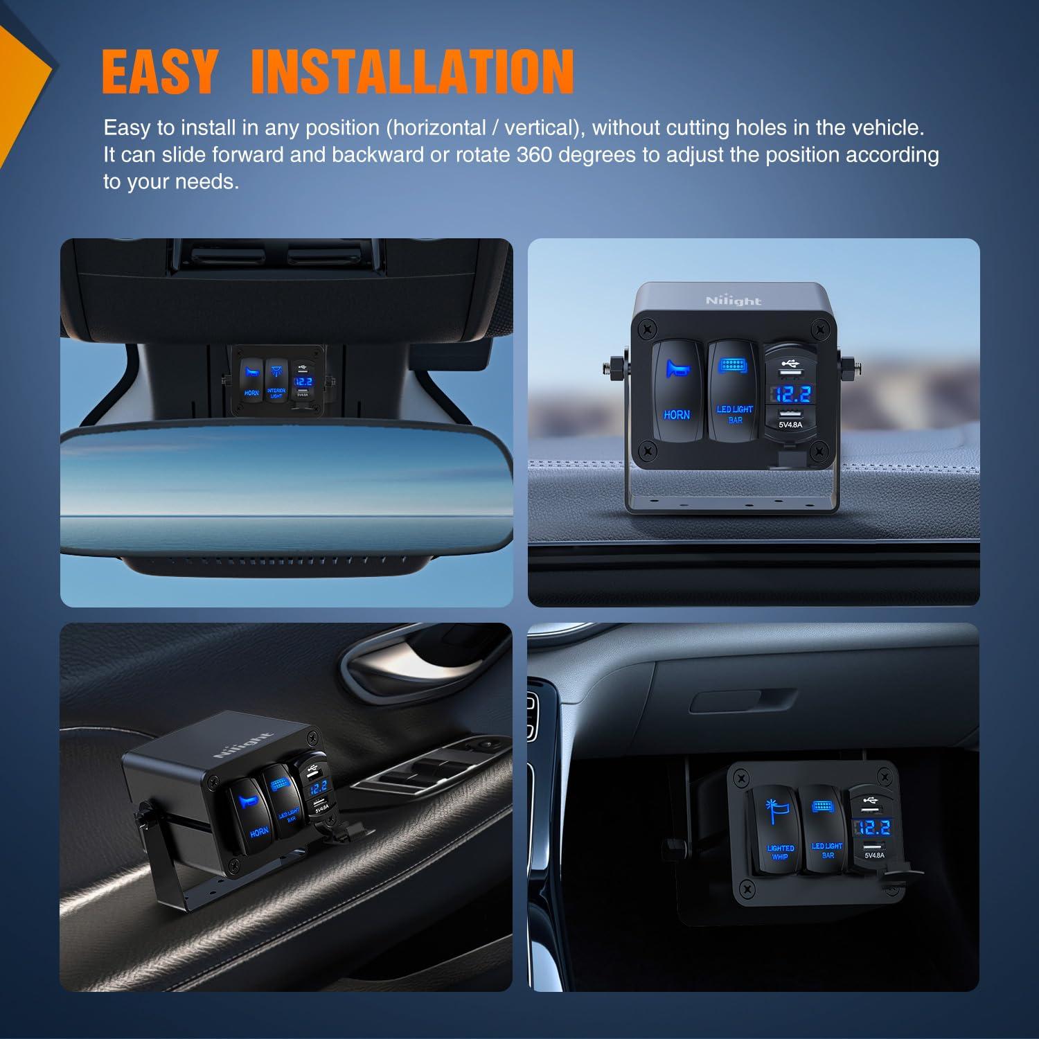 imageNilight90111F 6 Gang Aluminum Rocker Switch Panel Toggle Dash 5 Pin ONOff PreWired Rocker Switch Blue Backlit Switch for Automotive Car Marine Boat RV2 Years WarrantyBlackSwitch Box Only