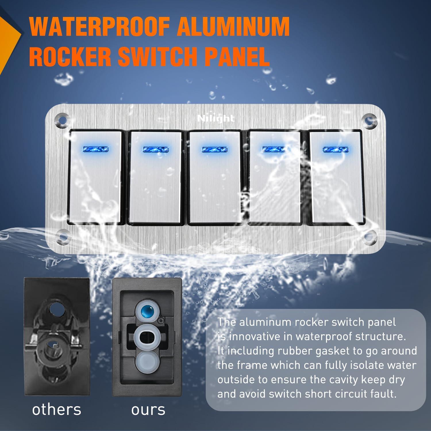 imageNilight90111F 6 Gang Aluminum Rocker Switch Panel Toggle Dash 5 Pin ONOff PreWired Rocker Switch Blue Backlit Switch for Automotive Car Marine Boat RV2 Years WarrantySilver