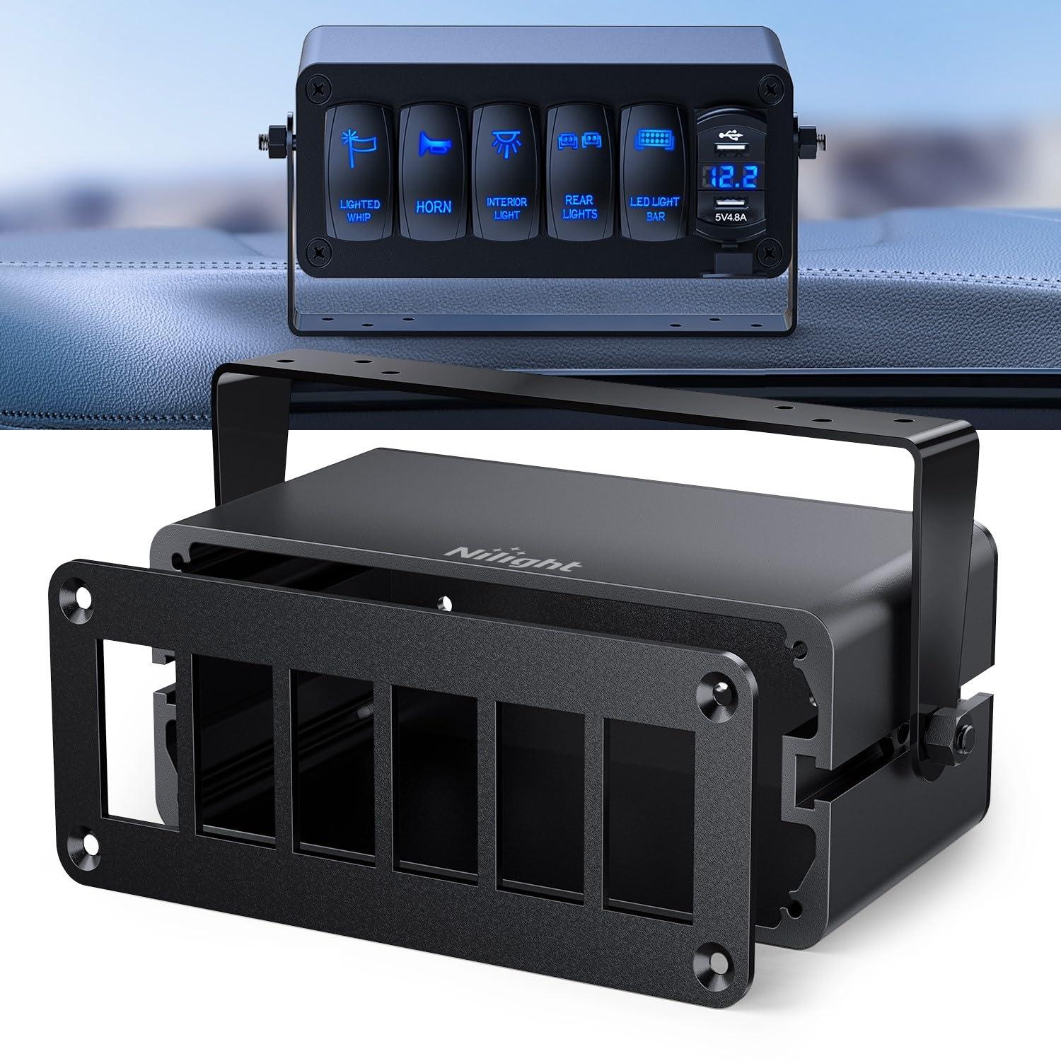 imageNilight90111F 6 Gang Aluminum Rocker Switch Panel Toggle Dash 5 Pin ONOff PreWired Rocker Switch Blue Backlit Switch for Automotive Car Marine Boat RV2 Years WarrantyBlackSwitch Box Only