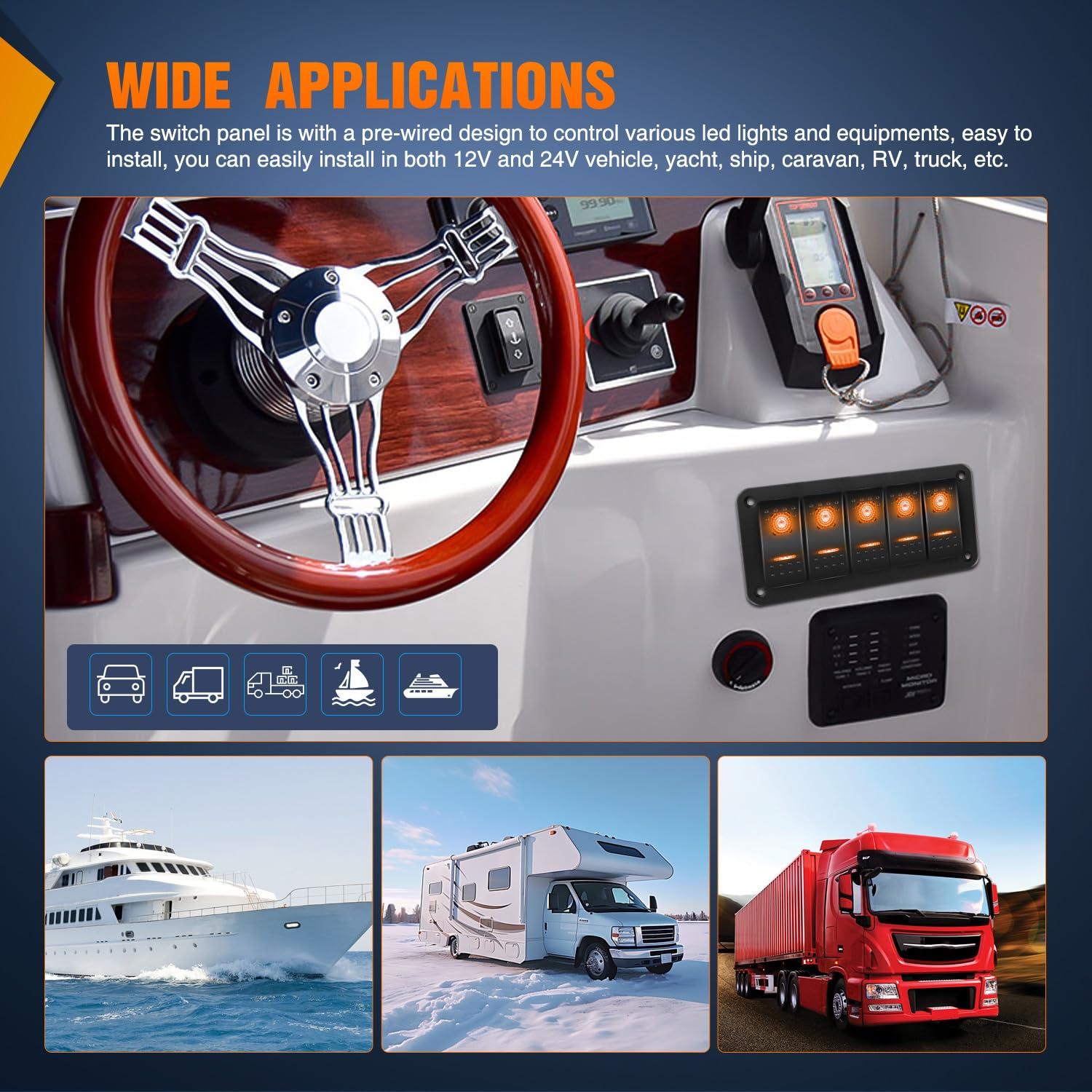 imageNilight90111F 6 Gang Aluminum Rocker Switch Panel Toggle Dash 5 Pin ONOff PreWired Rocker Switch Blue Backlit Switch for Automotive Car Marine Boat RV2 Years WarrantyAmber