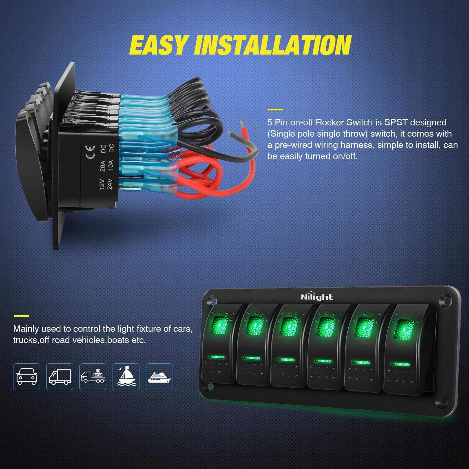 imageNilight90111F 6 Gang Aluminum Rocker Switch Panel Toggle Dash 5 Pin ONOff PreWired Rocker Switch Blue Backlit Switch for Automotive Car Marine Boat RV2 Years WarrantyGreen