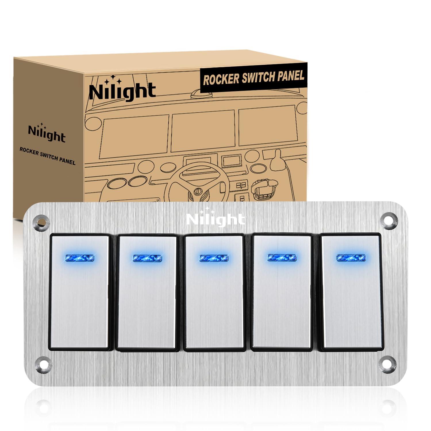 imageNilight90111F 6 Gang Aluminum Rocker Switch Panel Toggle Dash 5 Pin ONOff PreWired Rocker Switch Blue Backlit Switch for Automotive Car Marine Boat RV2 Years WarrantySilver