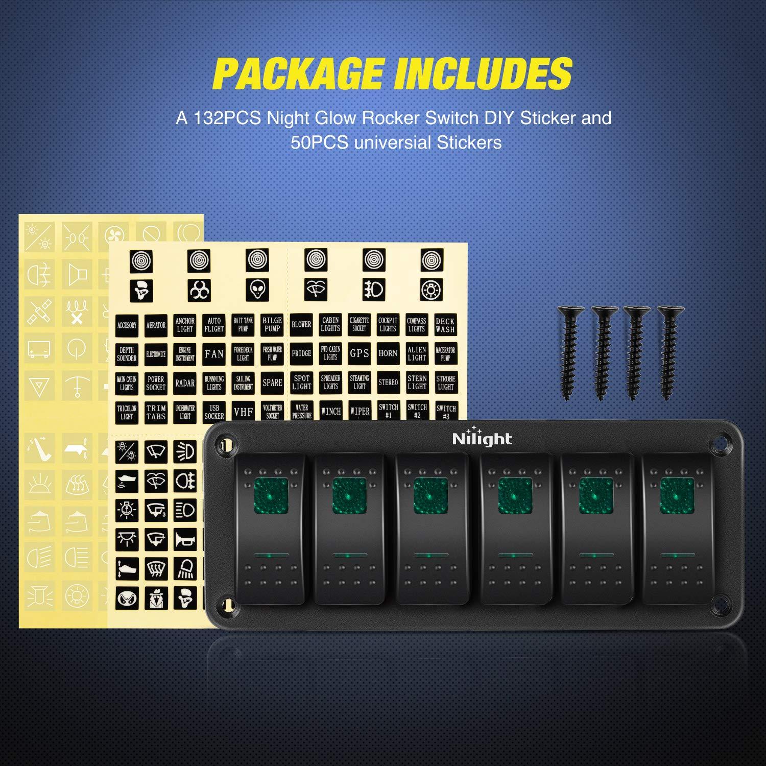 imageNilight90111F 6 Gang Aluminum Rocker Switch Panel Toggle Dash 5 Pin ONOff PreWired Rocker Switch Blue Backlit Switch for Automotive Car Marine Boat RV2 Years WarrantyGreen