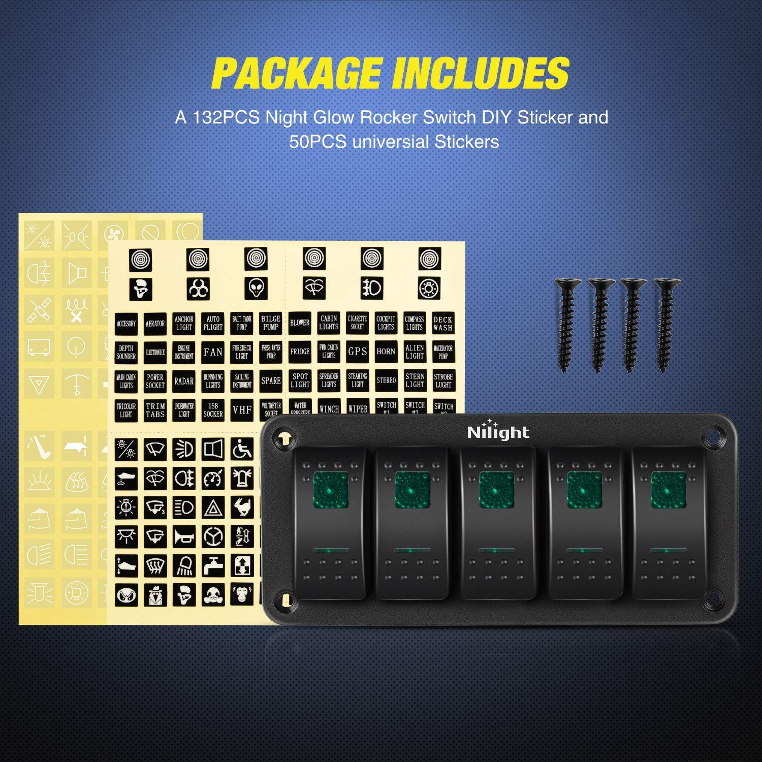 imageNilight90111F 6 Gang Aluminum Rocker Switch Panel Toggle Dash 5 Pin ONOff PreWired Rocker Switch Blue Backlit Switch for Automotive Car Marine Boat RV2 Years WarrantyGreen