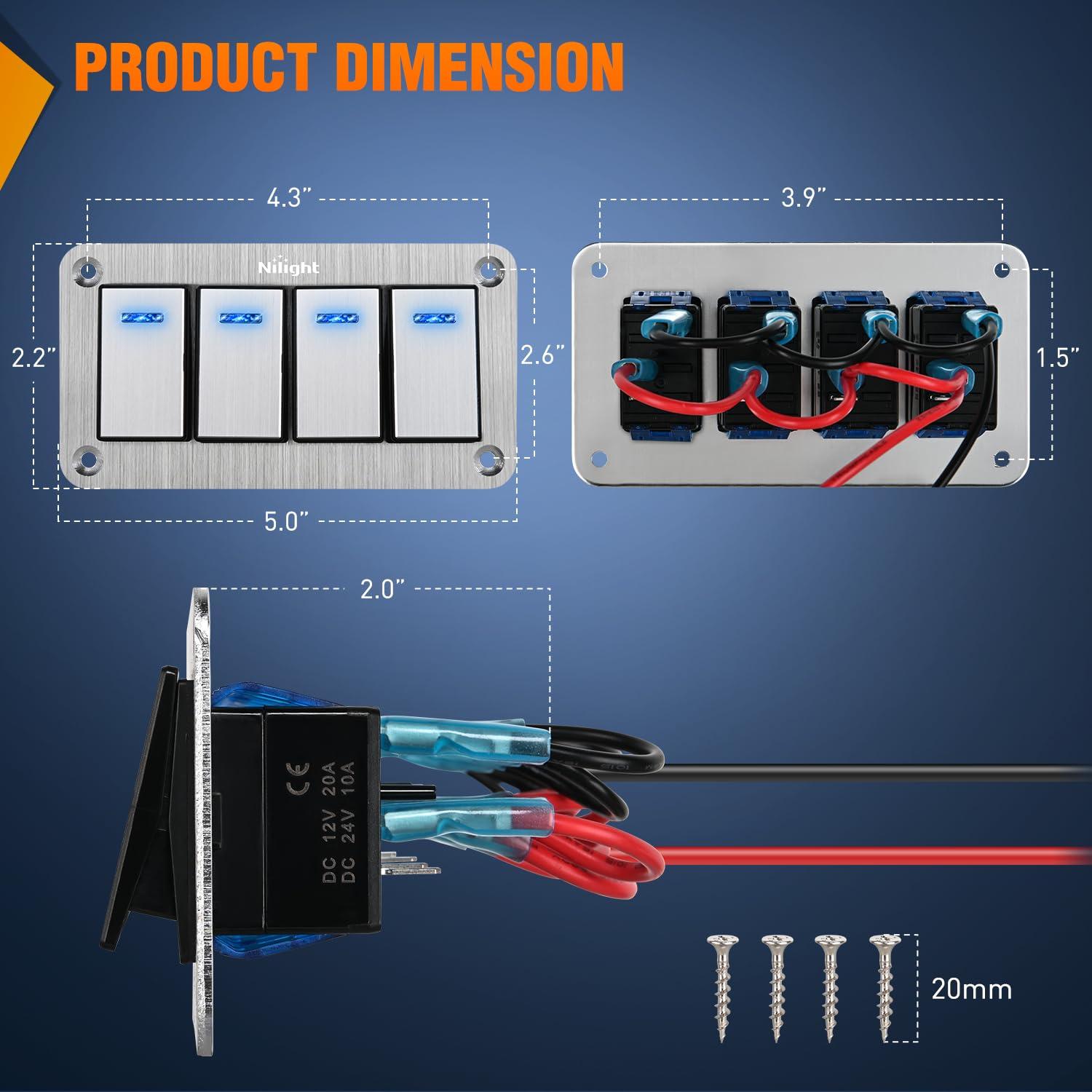 imageNilight90111F 6 Gang Aluminum Rocker Switch Panel Toggle Dash 5 Pin ONOff PreWired Rocker Switch Blue Backlit Switch for Automotive Car Marine Boat RV2 Years WarrantySilver