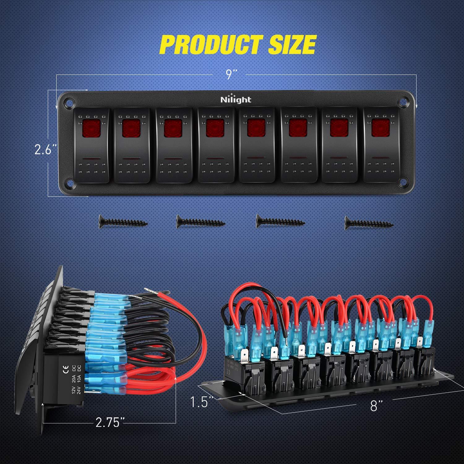 imageNilight90111F 6 Gang Aluminum Rocker Switch Panel Toggle Dash 5 Pin ONOff PreWired Rocker Switch Blue Backlit Switch for Automotive Car Marine Boat RV2 Years WarrantyRed