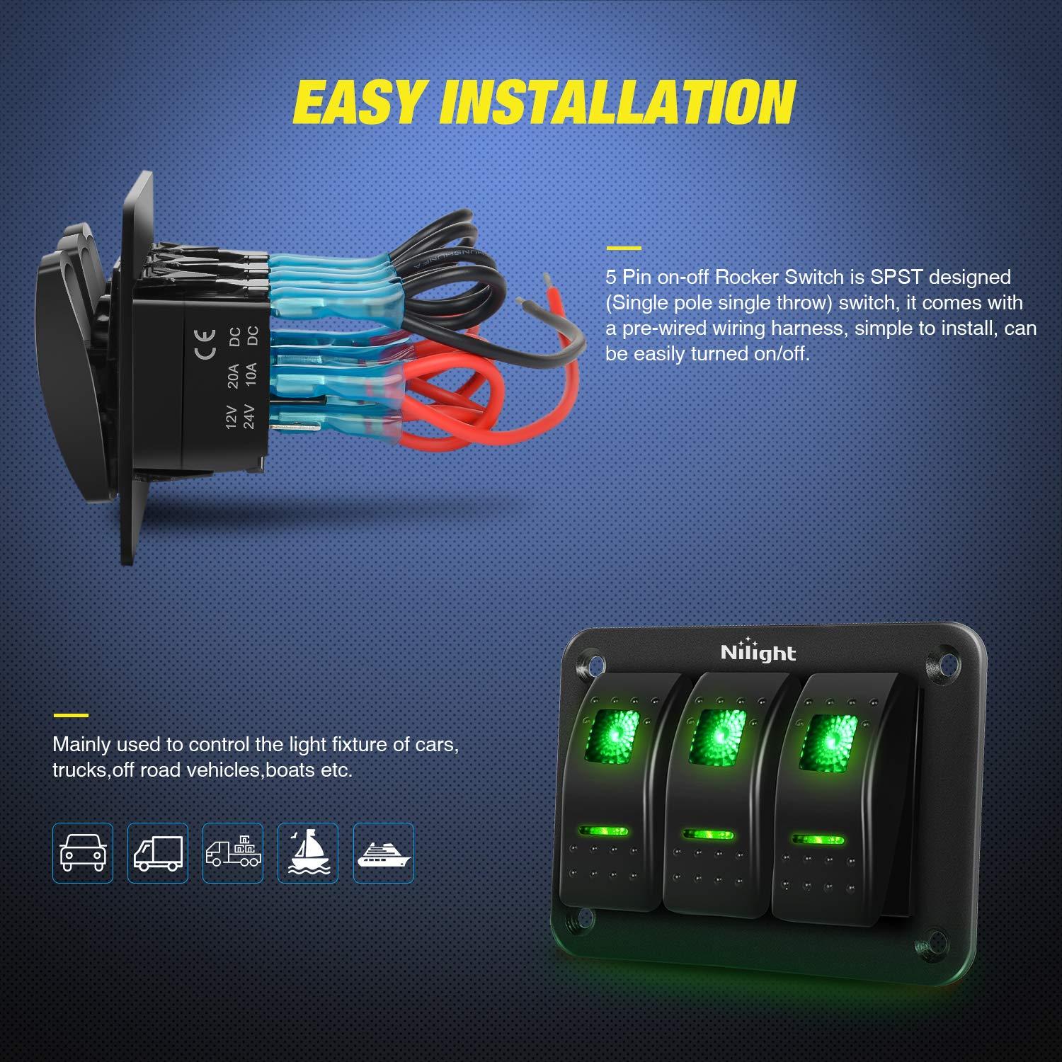 imageNilight90111F 6 Gang Aluminum Rocker Switch Panel Toggle Dash 5 Pin ONOff PreWired Rocker Switch Blue Backlit Switch for Automotive Car Marine Boat RV2 Years WarrantyGreen