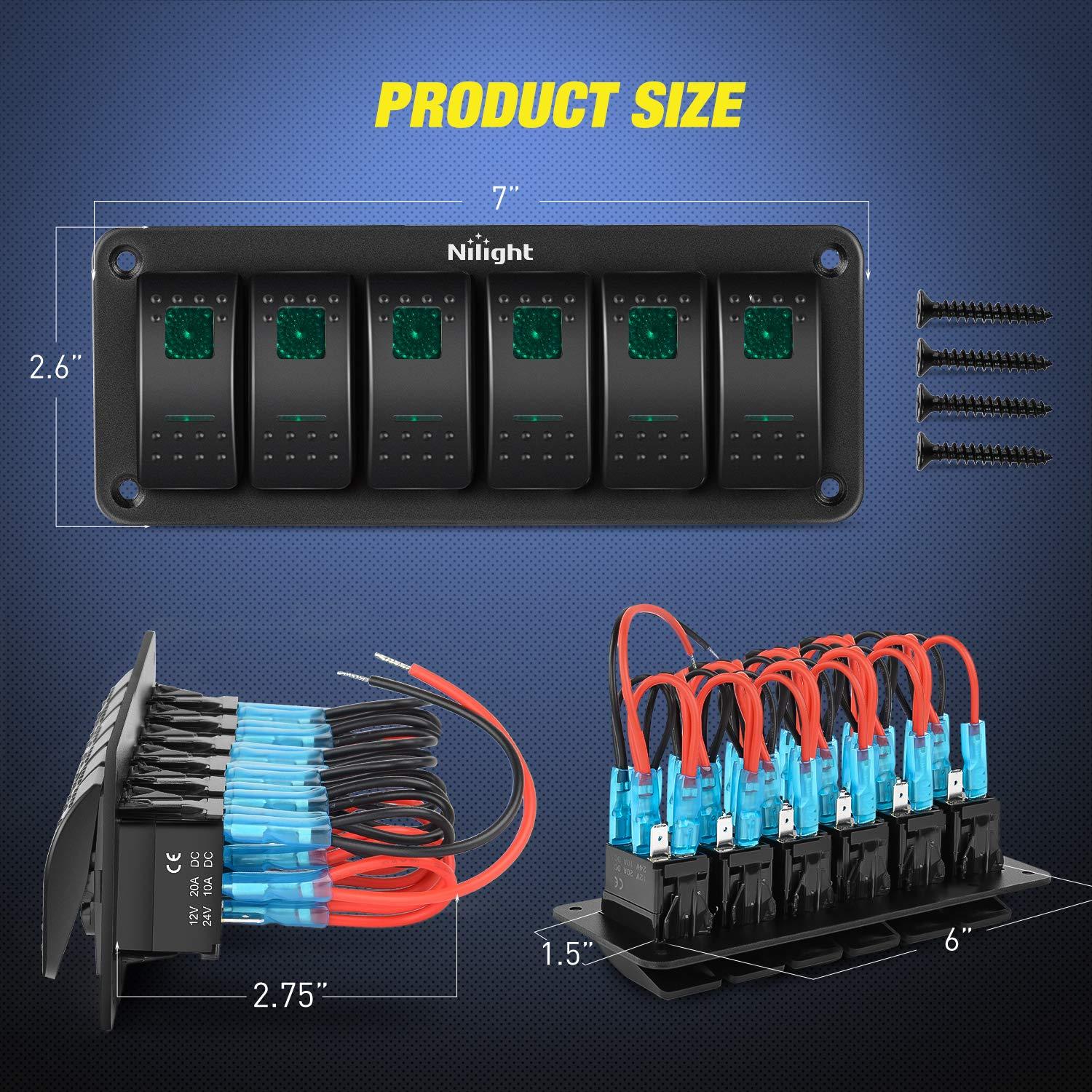 imageNilight90111F 6 Gang Aluminum Rocker Switch Panel Toggle Dash 5 Pin ONOff PreWired Rocker Switch Blue Backlit Switch for Automotive Car Marine Boat RV2 Years WarrantyGreen