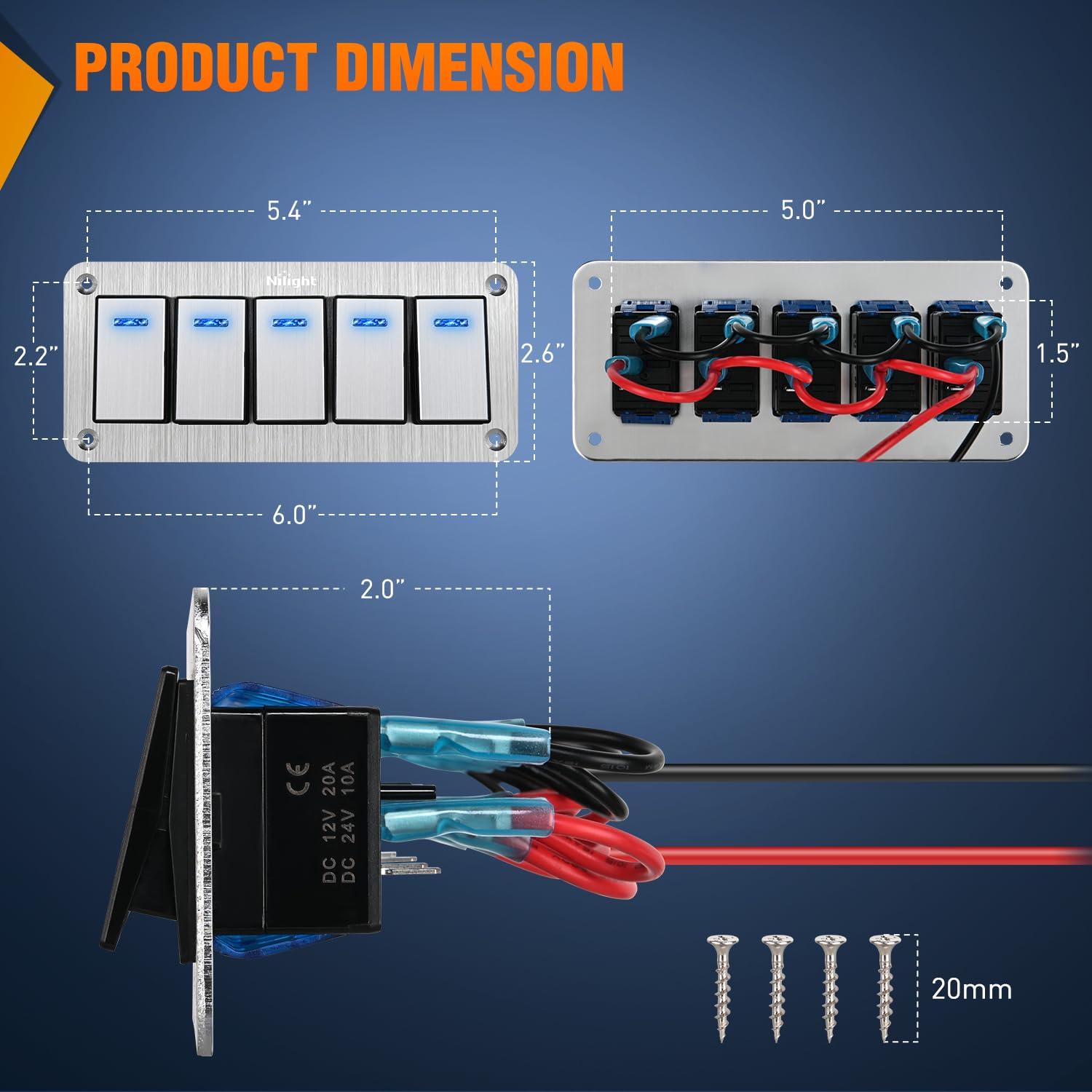 imageNilight90111F 6 Gang Aluminum Rocker Switch Panel Toggle Dash 5 Pin ONOff PreWired Rocker Switch Blue Backlit Switch for Automotive Car Marine Boat RV2 Years WarrantySilver