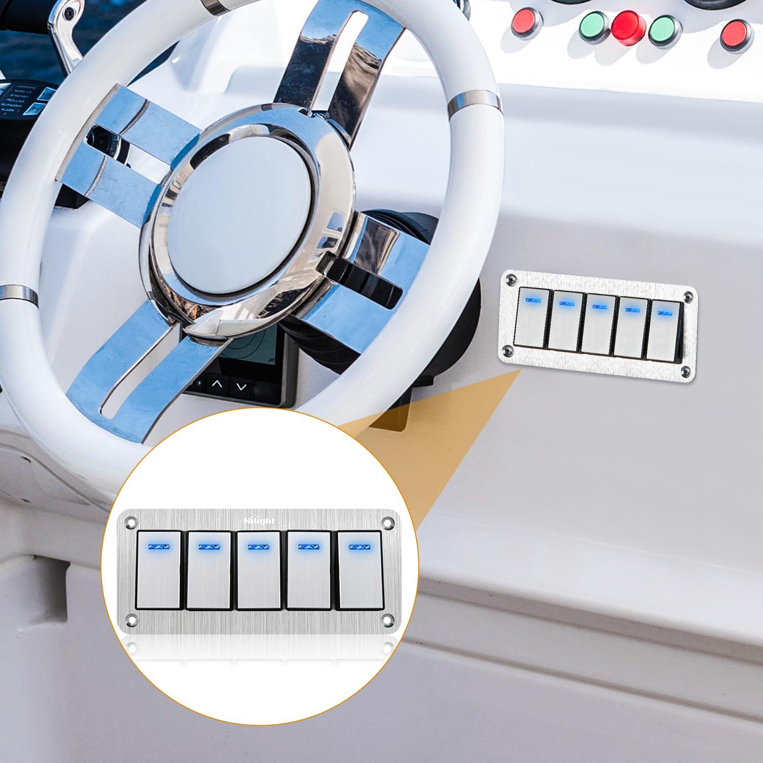 imageNilight90111F 6 Gang Aluminum Rocker Switch Panel Toggle Dash 5 Pin ONOff PreWired Rocker Switch Blue Backlit Switch for Automotive Car Marine Boat RV2 Years WarrantySilver