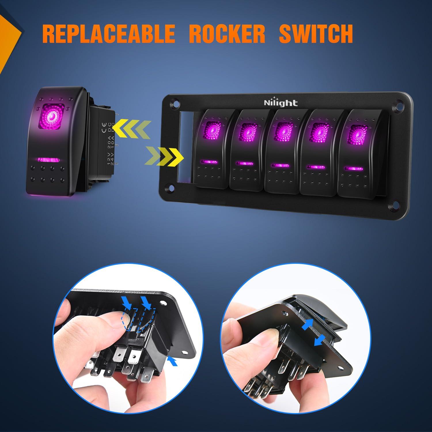 imageNilight90111F 6 Gang Aluminum Rocker Switch Panel Toggle Dash 5 Pin ONOff PreWired Rocker Switch Blue Backlit Switch for Automotive Car Marine Boat RV2 Years WarrantyPurple