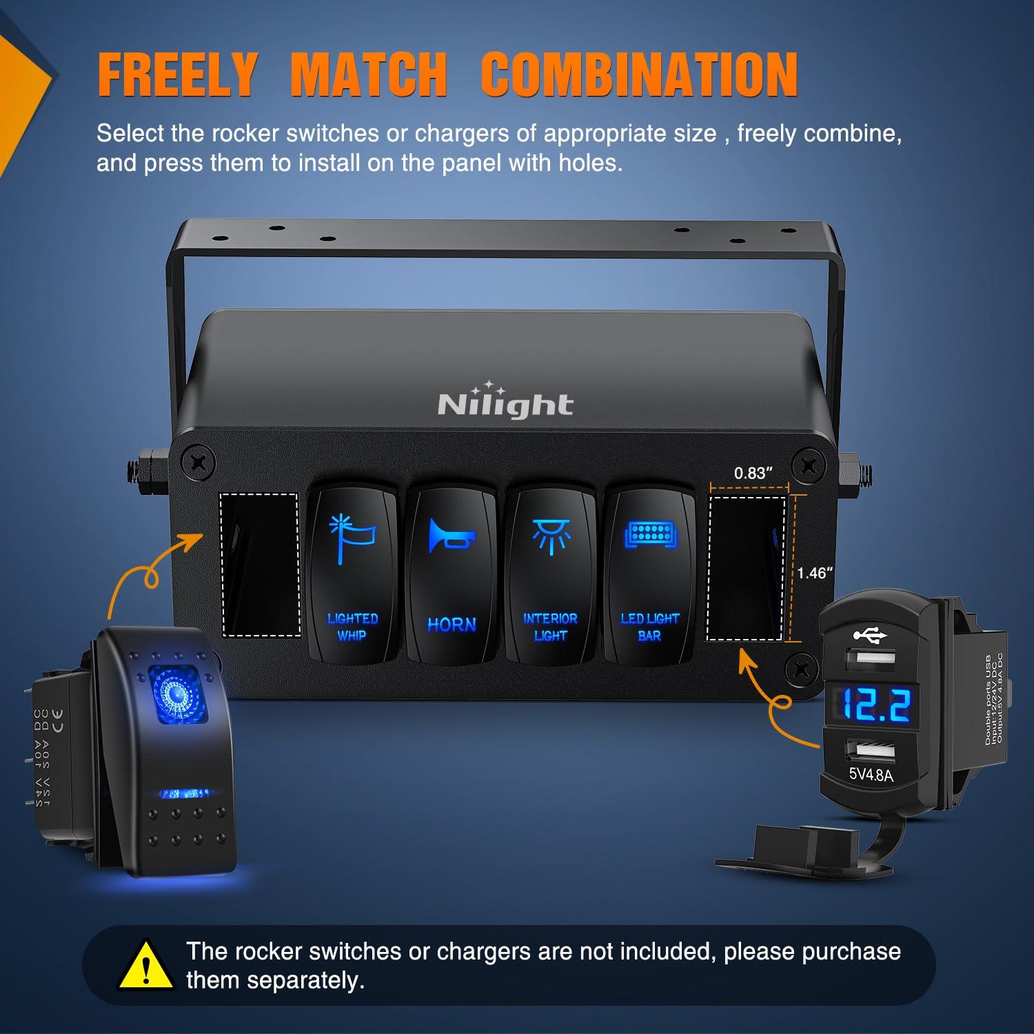 imageNilight90111F 6 Gang Aluminum Rocker Switch Panel Toggle Dash 5 Pin ONOff PreWired Rocker Switch Blue Backlit Switch for Automotive Car Marine Boat RV2 Years WarrantyBlackSwitch Box Only