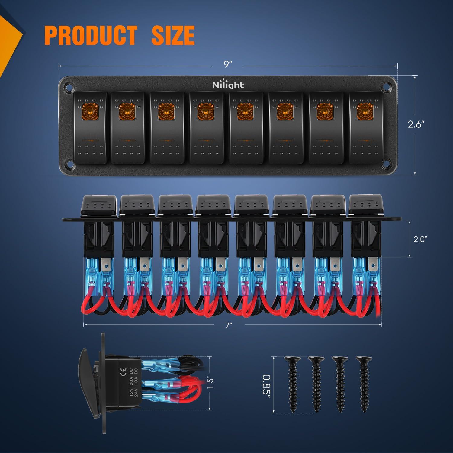 imageNilight90111F 6 Gang Aluminum Rocker Switch Panel Toggle Dash 5 Pin ONOff PreWired Rocker Switch Blue Backlit Switch for Automotive Car Marine Boat RV2 Years WarrantyAmber