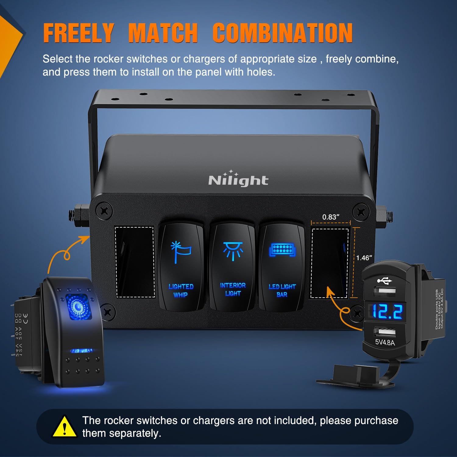 imageNilight90111F 6 Gang Aluminum Rocker Switch Panel Toggle Dash 5 Pin ONOff PreWired Rocker Switch Blue Backlit Switch for Automotive Car Marine Boat RV2 Years WarrantyBlackSwitch Box Only