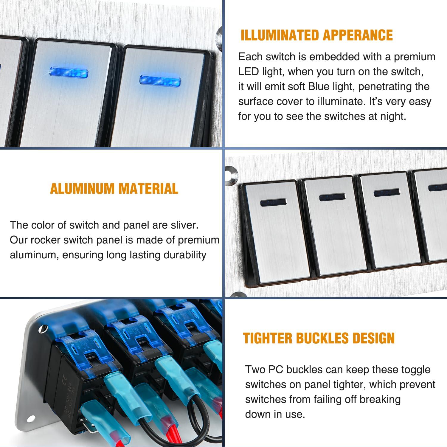 imageNilight90111F 6 Gang Aluminum Rocker Switch Panel Toggle Dash 5 Pin ONOff PreWired Rocker Switch Blue Backlit Switch for Automotive Car Marine Boat RV2 Years WarrantySilver