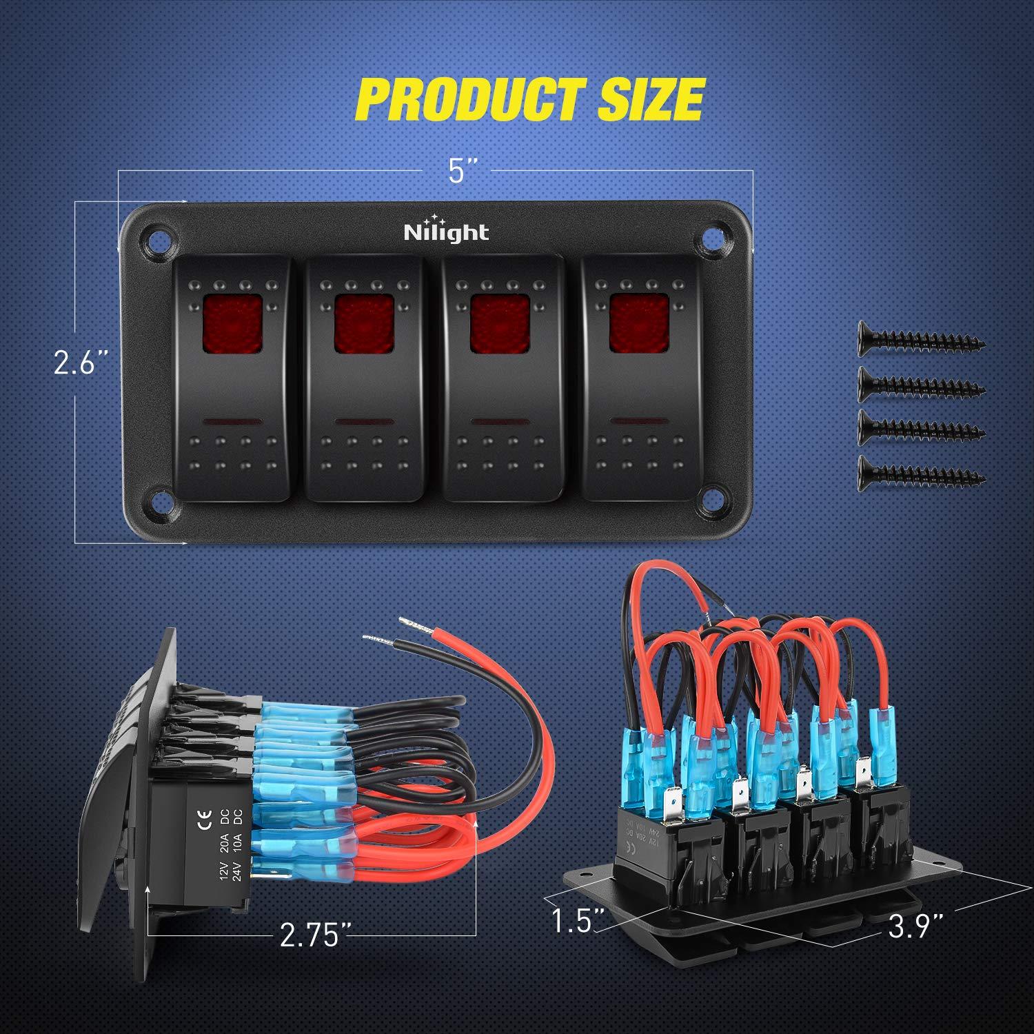 imageNilight90111F 6 Gang Aluminum Rocker Switch Panel Toggle Dash 5 Pin ONOff PreWired Rocker Switch Blue Backlit Switch for Automotive Car Marine Boat RV2 Years WarrantyRed