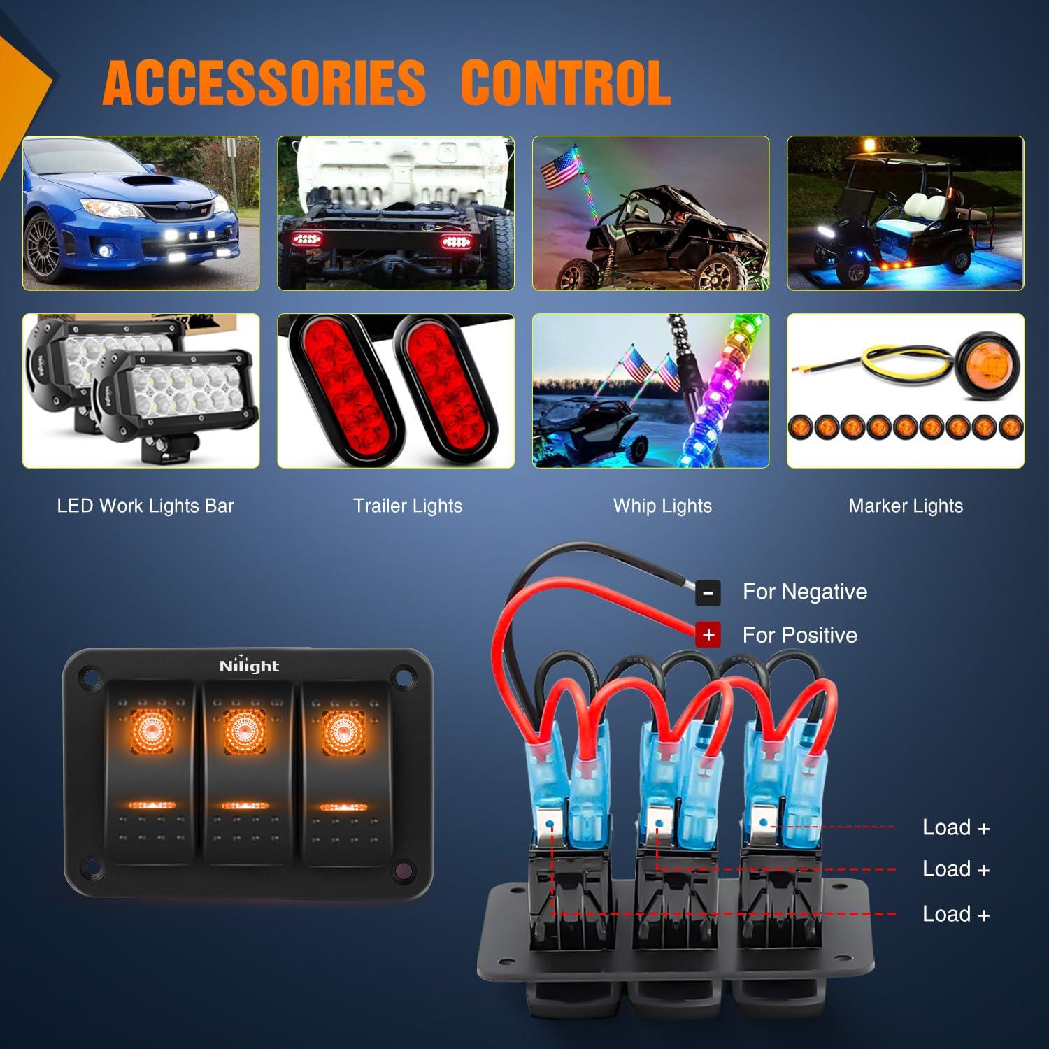 imageNilight90111F 6 Gang Aluminum Rocker Switch Panel Toggle Dash 5 Pin ONOff PreWired Rocker Switch Blue Backlit Switch for Automotive Car Marine Boat RV2 Years WarrantyAmber