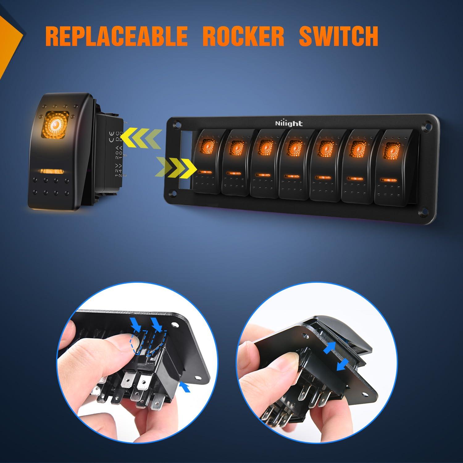 imageNilight90111F 6 Gang Aluminum Rocker Switch Panel Toggle Dash 5 Pin ONOff PreWired Rocker Switch Blue Backlit Switch for Automotive Car Marine Boat RV2 Years WarrantyAmber