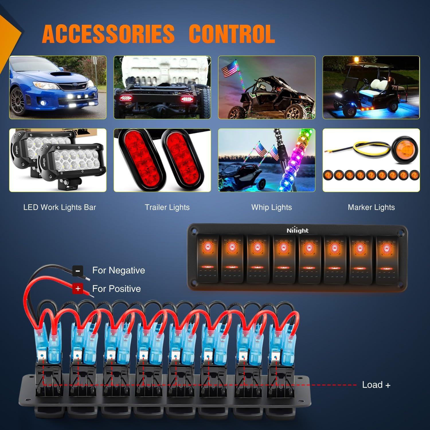 imageNilight90111F 6 Gang Aluminum Rocker Switch Panel Toggle Dash 5 Pin ONOff PreWired Rocker Switch Blue Backlit Switch for Automotive Car Marine Boat RV2 Years WarrantyAmber