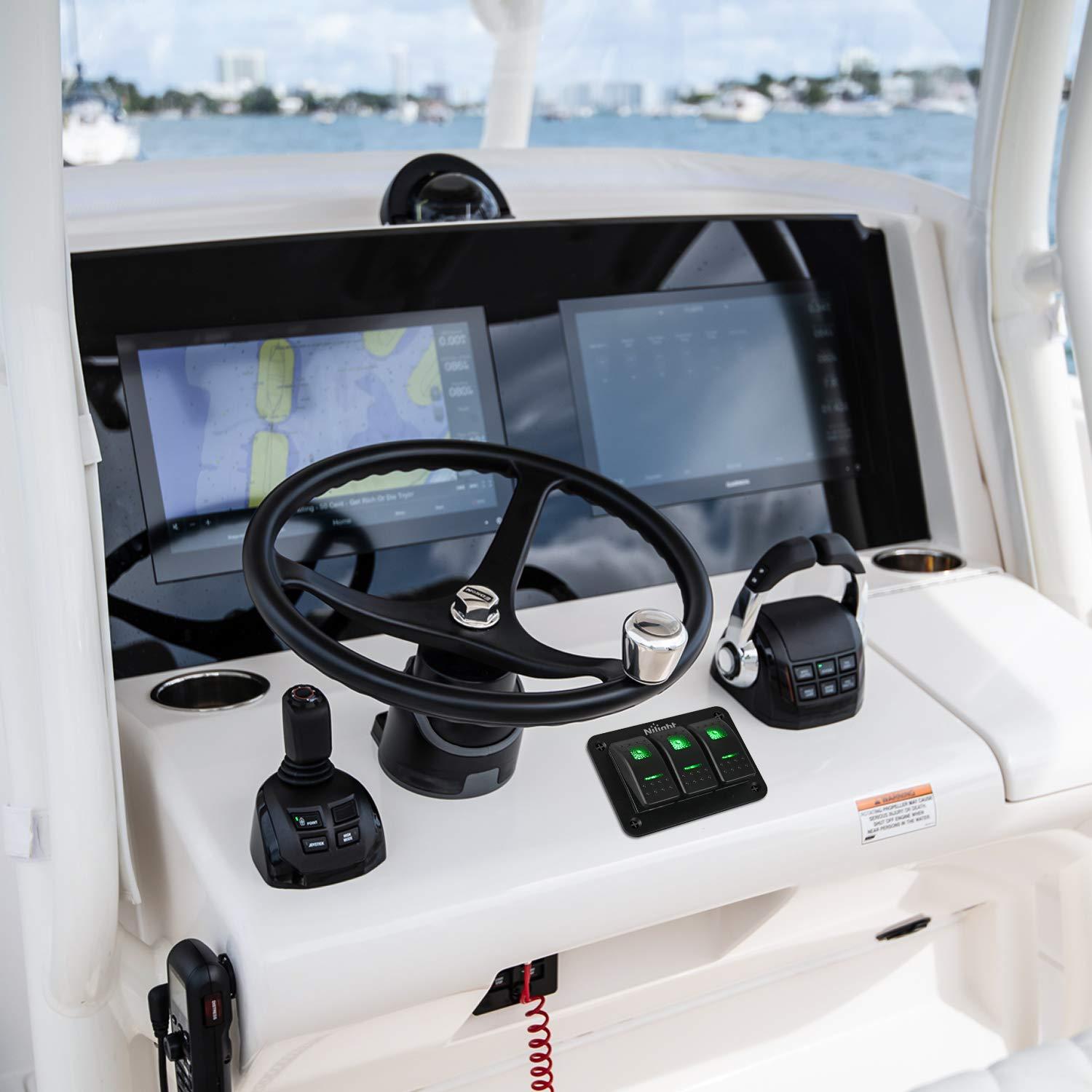 imageNilight90111F 6 Gang Aluminum Rocker Switch Panel Toggle Dash 5 Pin ONOff PreWired Rocker Switch Blue Backlit Switch for Automotive Car Marine Boat RV2 Years WarrantyGreen