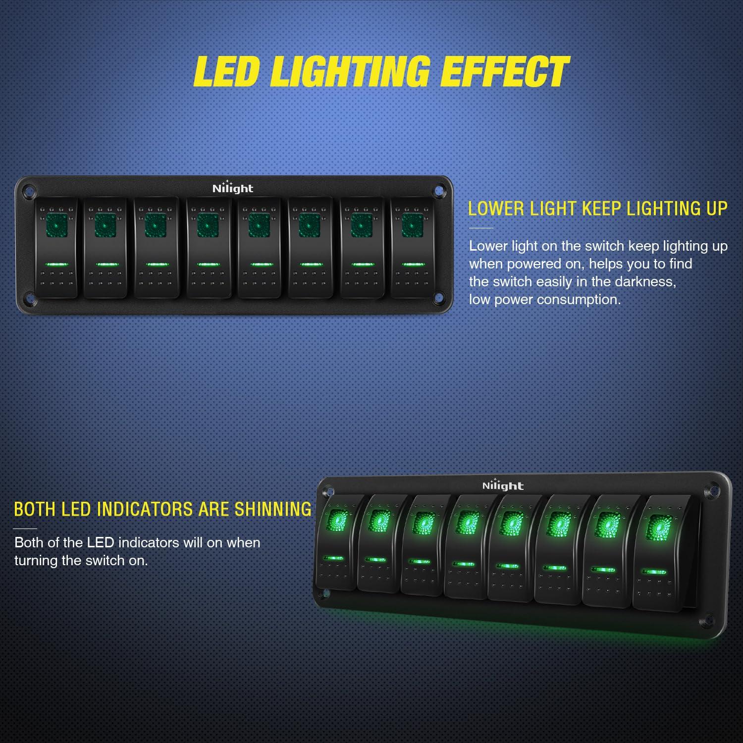 imageNilight90111F 6 Gang Aluminum Rocker Switch Panel Toggle Dash 5 Pin ONOff PreWired Rocker Switch Blue Backlit Switch for Automotive Car Marine Boat RV2 Years WarrantyGreen