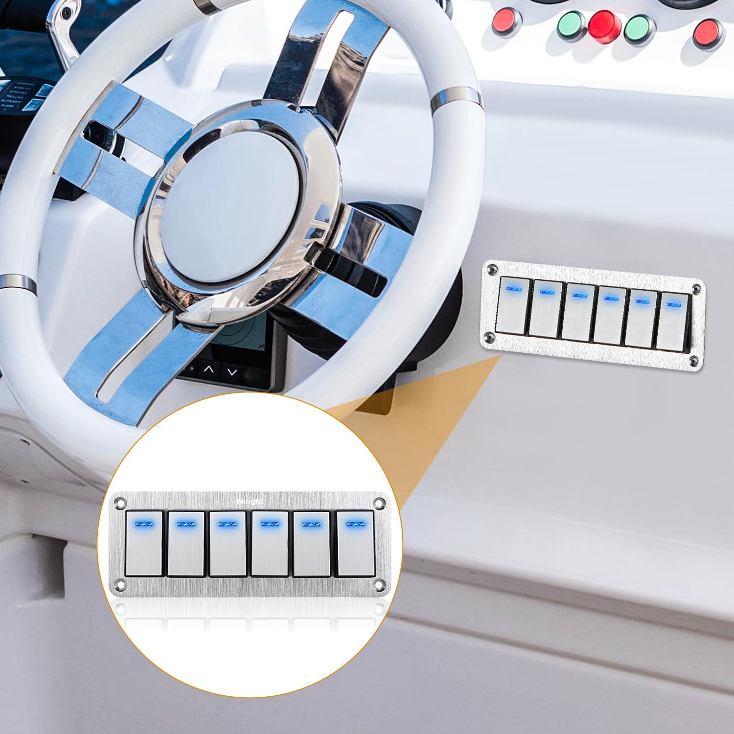 imageNilight90111F 6 Gang Aluminum Rocker Switch Panel Toggle Dash 5 Pin ONOff PreWired Rocker Switch Blue Backlit Switch for Automotive Car Marine Boat RV2 Years WarrantySilver