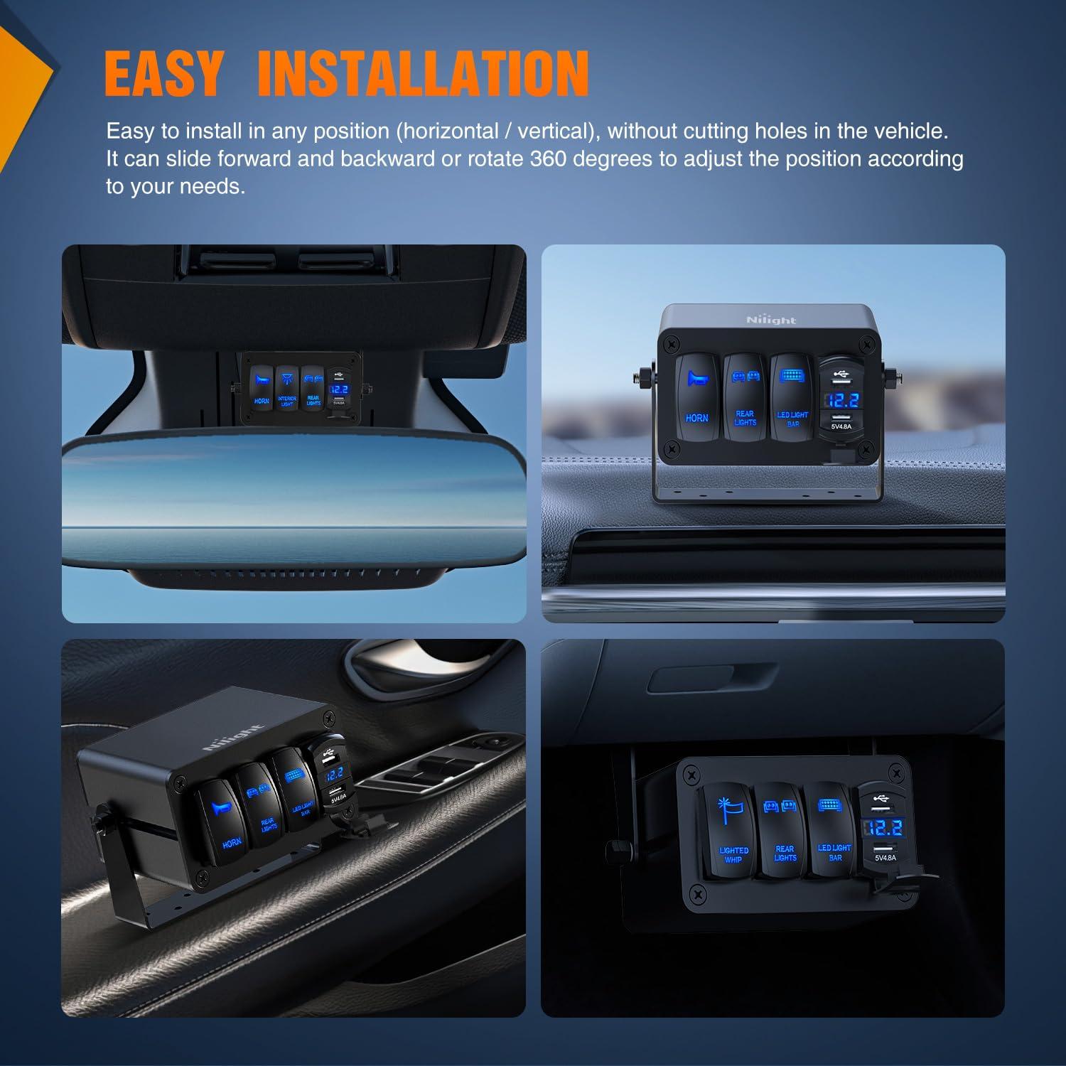 imageNilight90111F 6 Gang Aluminum Rocker Switch Panel Toggle Dash 5 Pin ONOff PreWired Rocker Switch Blue Backlit Switch for Automotive Car Marine Boat RV2 Years WarrantyBlackSwitch Box Only