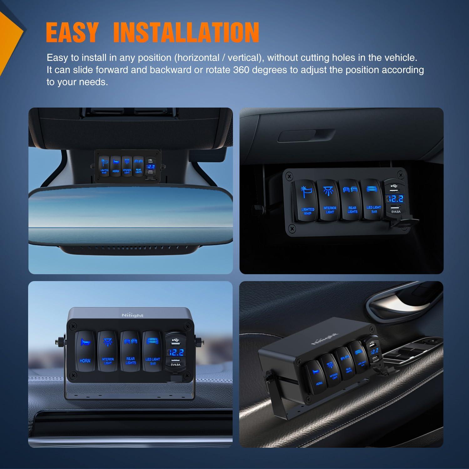 imageNilight90111F 6 Gang Aluminum Rocker Switch Panel Toggle Dash 5 Pin ONOff PreWired Rocker Switch Blue Backlit Switch for Automotive Car Marine Boat RV2 Years WarrantyBlackSwitch Box Only