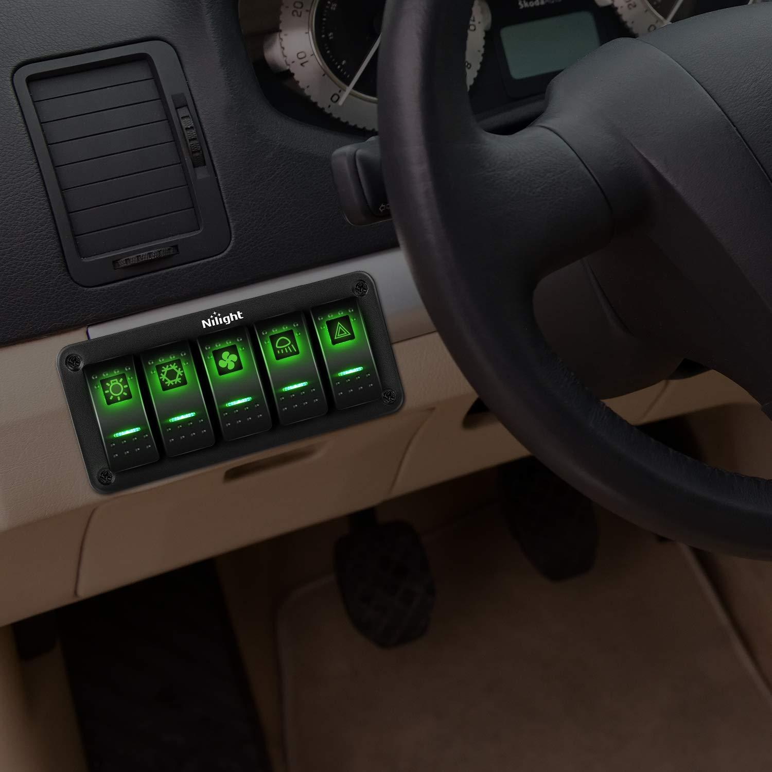 imageNilight90111F 6 Gang Aluminum Rocker Switch Panel Toggle Dash 5 Pin ONOff PreWired Rocker Switch Blue Backlit Switch for Automotive Car Marine Boat RV2 Years WarrantyGreen