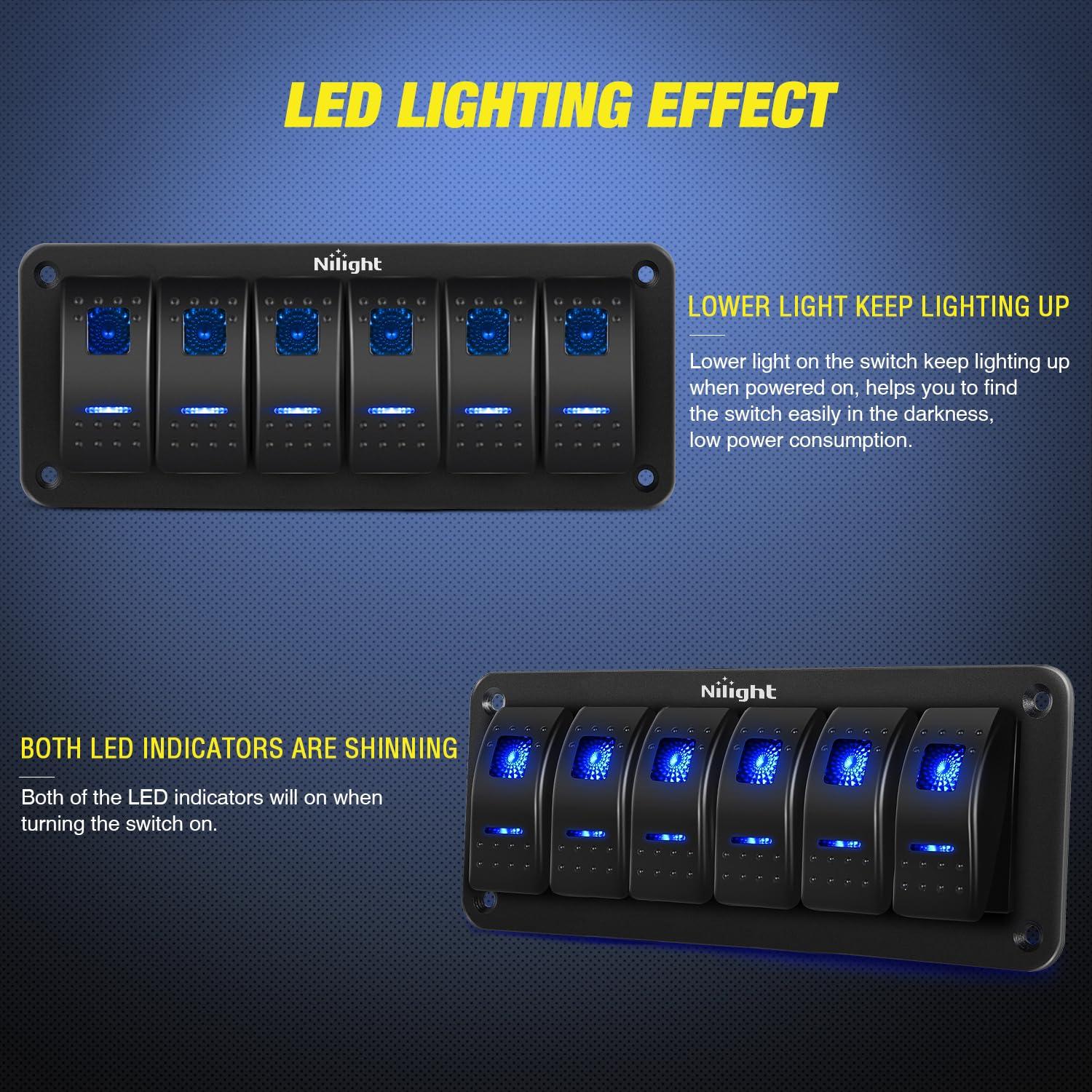 imageNilight90111F 6 Gang Aluminum Rocker Switch Panel Toggle Dash 5 Pin ONOff PreWired Rocker Switch Blue Backlit Switch for Automotive Car Marine Boat RV2 Years WarrantyBlue