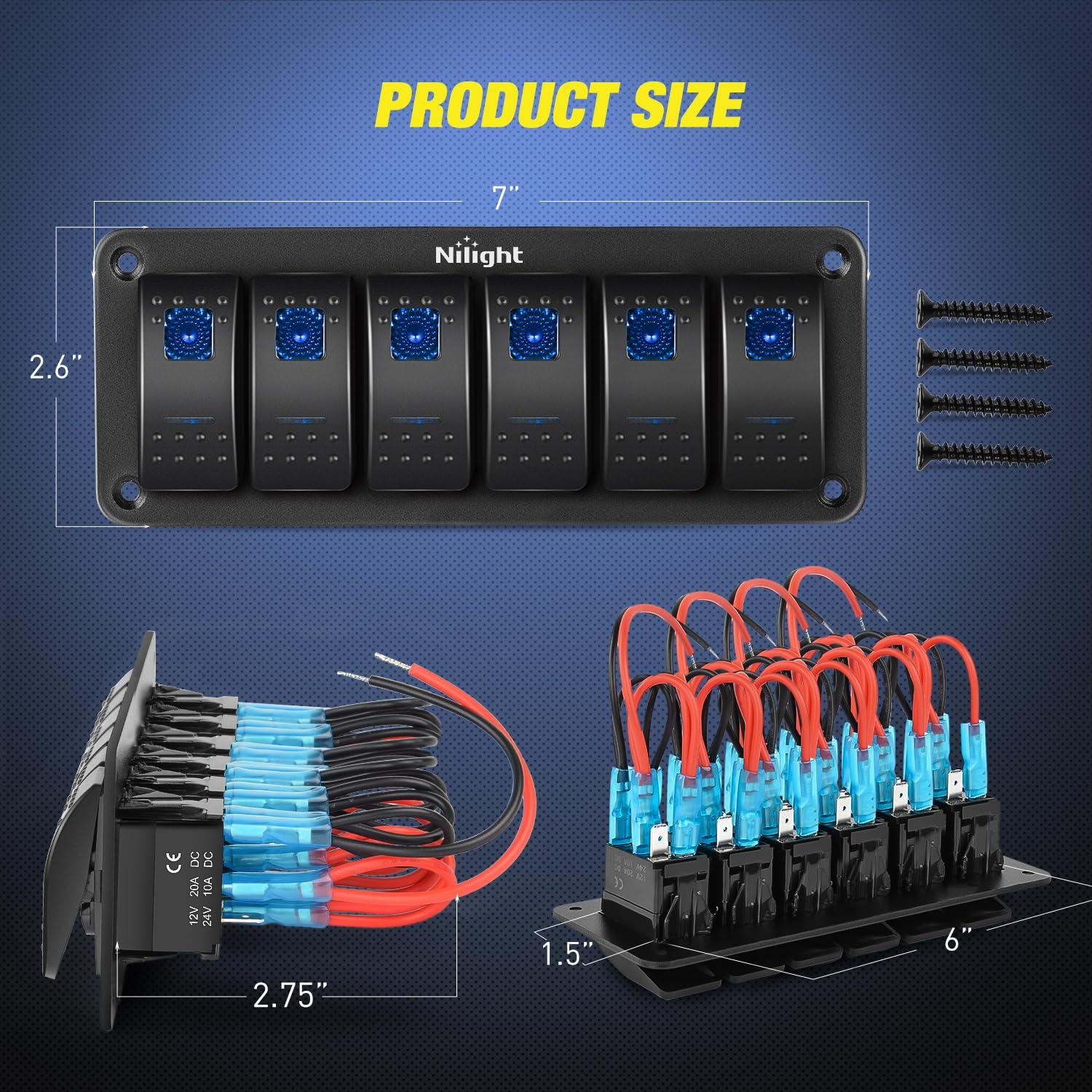 imageNilight90111F 6 Gang Aluminum Rocker Switch Panel Toggle Dash 5 Pin ONOff PreWired Rocker Switch Blue Backlit Switch for Automotive Car Marine Boat RV2 Years WarrantyBlue