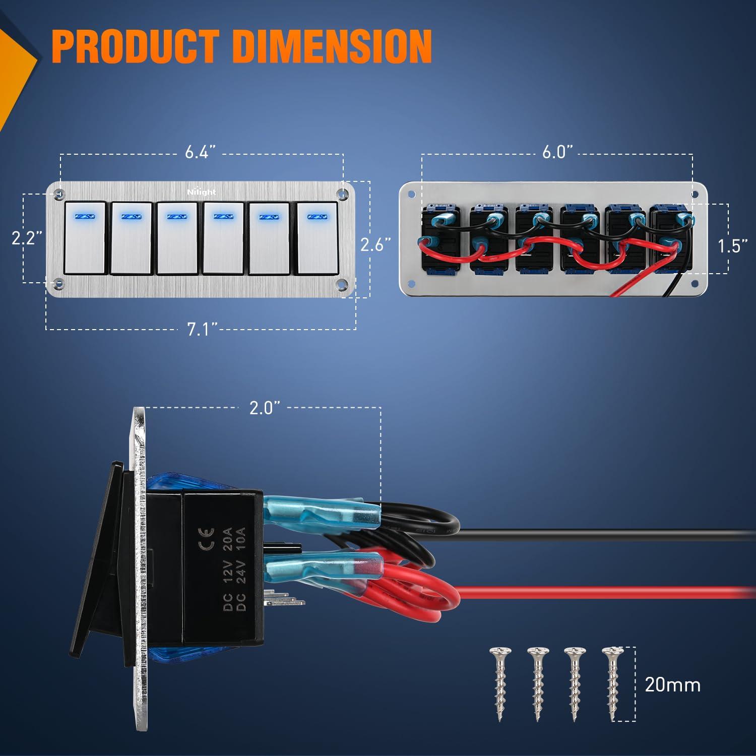 imageNilight90111F 6 Gang Aluminum Rocker Switch Panel Toggle Dash 5 Pin ONOff PreWired Rocker Switch Blue Backlit Switch for Automotive Car Marine Boat RV2 Years WarrantySilver