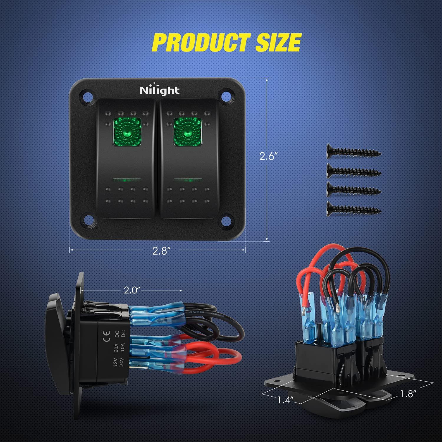 imageNilight90111F 6 Gang Aluminum Rocker Switch Panel Toggle Dash 5 Pin ONOff PreWired Rocker Switch Blue Backlit Switch for Automotive Car Marine Boat RV2 Years WarrantyGreen