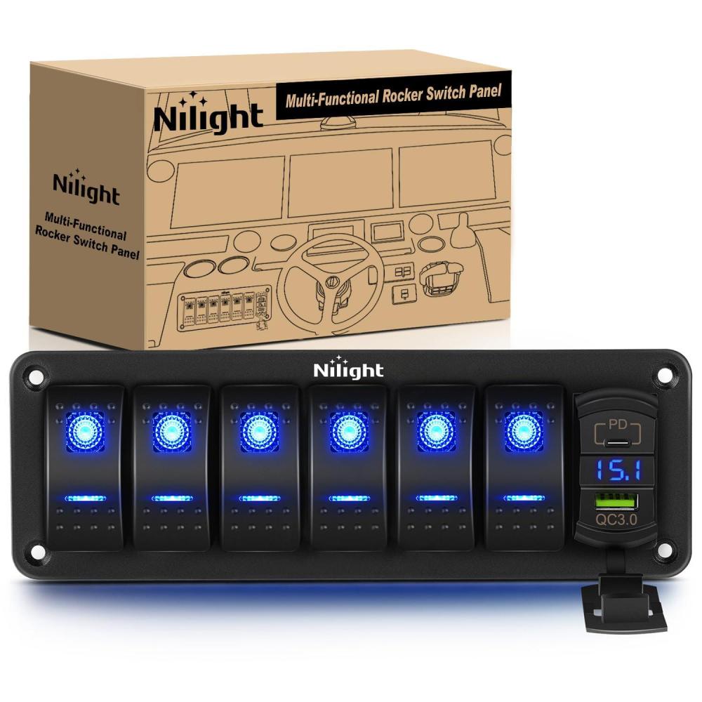 imageNilight  90107D 4 Gang Rocker Switch Panel Waterproof Prewired Switch Panel with USB Charger ampamp Power Socket and Fuse DC 12V 24V Rocker Switch Panel for Car Rv Vehicles Trucks2 Years Warranty6 Gang with USB and Voltmeter