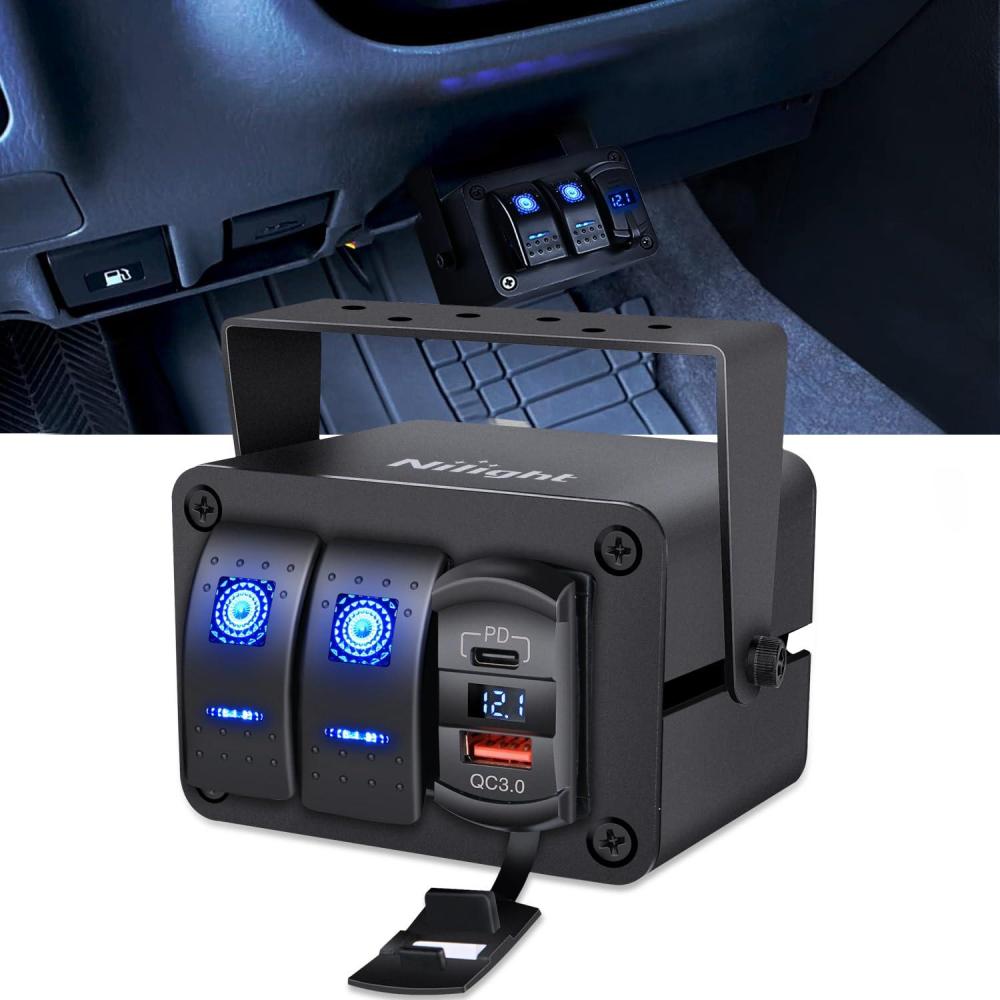 imageNilight  90116C 2 Gang Rocker Switch Panel with 48 Amp Dual USB Charger Voltmeter Waterproof 12V24V DC Rocker Switch with Night Glow Stickers for CarsTrucks Boats RVsBlueBlueBox