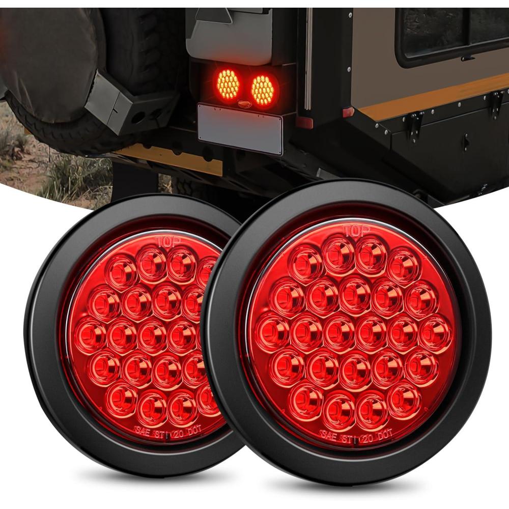 imageNilight  TL18 2PCS 4quot Round Red LED Trailer Tail Lights wSurface Mount Grommet Plugs IP67 Stop Brake Turn Tail Lights for Truck Trailer RV JeepRed 2pcs 24Led