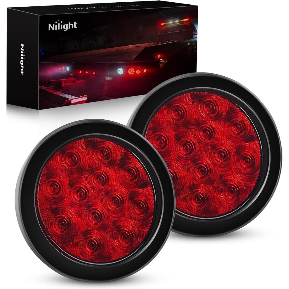 imageNilight  TL18 2PCS 4quot Round Red LED Trailer Tail Lights wSurface Mount Grommet Plugs IP67 Stop Brake Turn Tail Lights for Truck Trailer RV JeepRed 2pcs