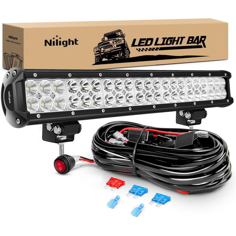 imageNilight  ZH006 LED Light Bar 20 Inch 126W Spot Flood Combo Led Off Road Lights with 16AWG Wiring Harness KitOne Lead 2 Years Warranty20Inch 126W Lights  Wiring Harness