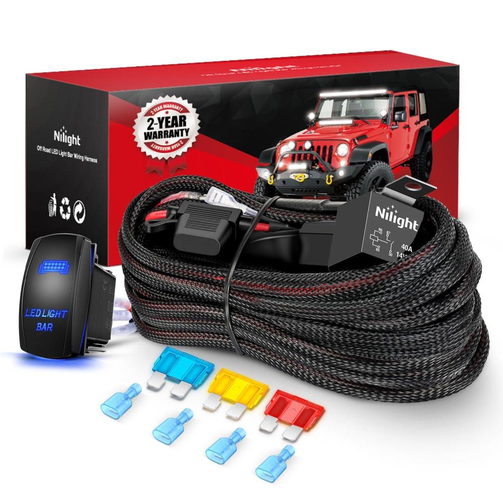 imageNilight 10014W LED Light Bar Wiring Harness Kit 14AWG Heavy Duty 12V 5Pin Rocker Laser On Off Waterproof Switch Power Relay Blade Fuse1 Lead 2 Years Warranty14AWG Wiring Harness 2 Leads w Nylon Wire Loom