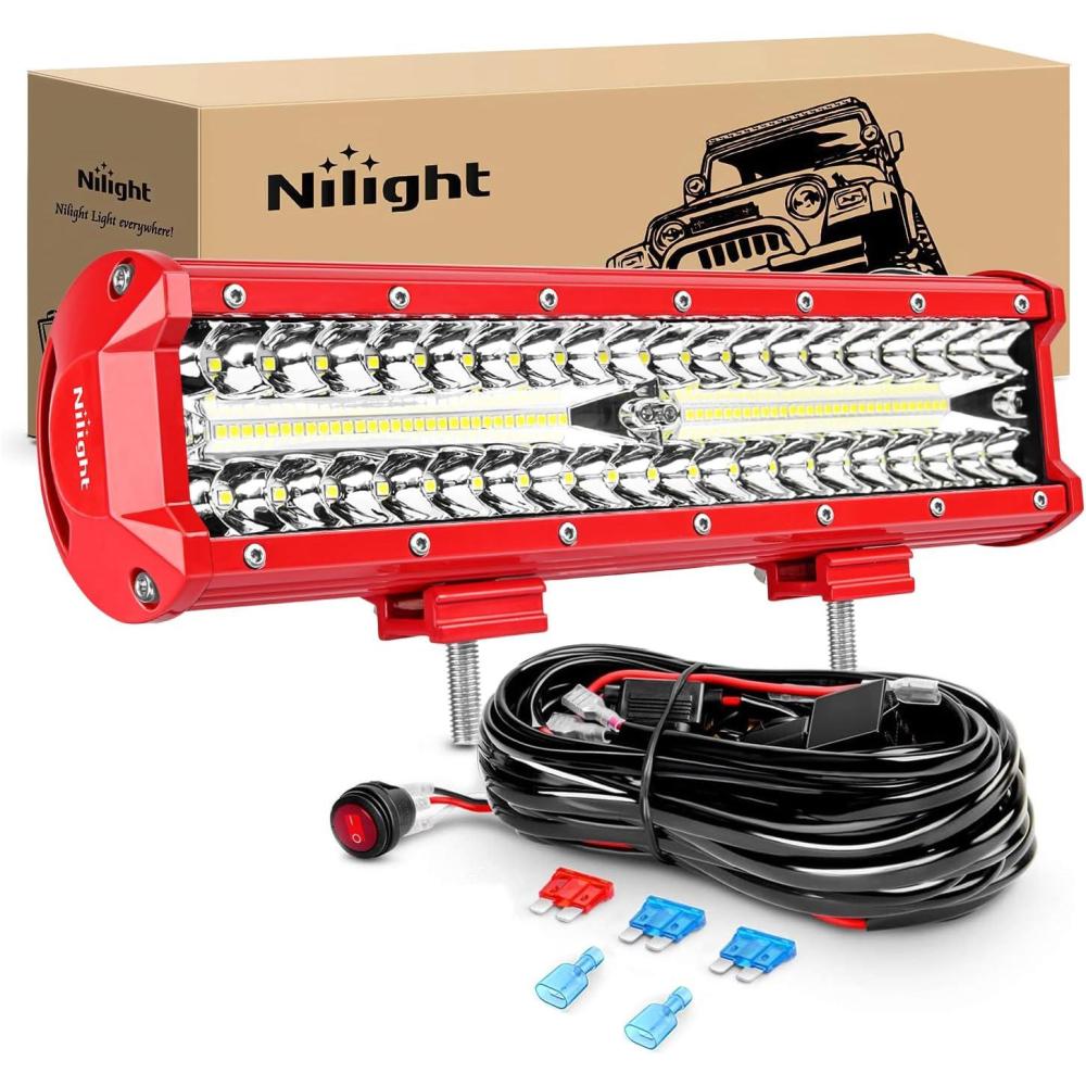 imageNilight 12Inch 300W LED Light Bar Spot Flood Amber White Strobe 6 Modes with Memory Function OffRoad Truck Car ATV SUV Cabin Boat with 16AWG Wiring Harness Kit1 Lead1PC White Light Red Shell  Wiring