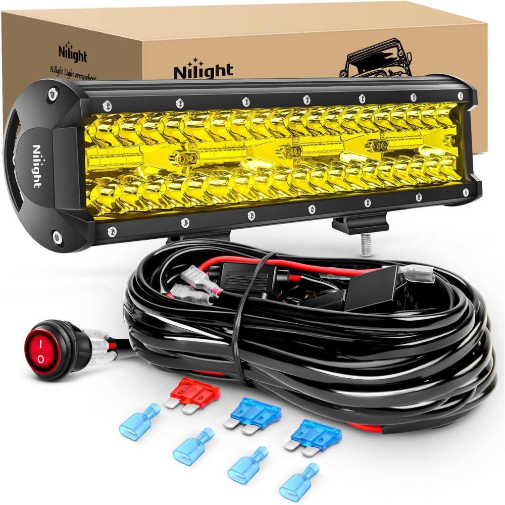 imageNilight 12Inch 300W LED Light Bar Spot Flood Amber White Strobe 6 Modes with Memory Function OffRoad Truck Car ATV SUV Cabin Boat with 16AWG Wiring Harness Kit1 Lead1PC Amber Lights Wiring