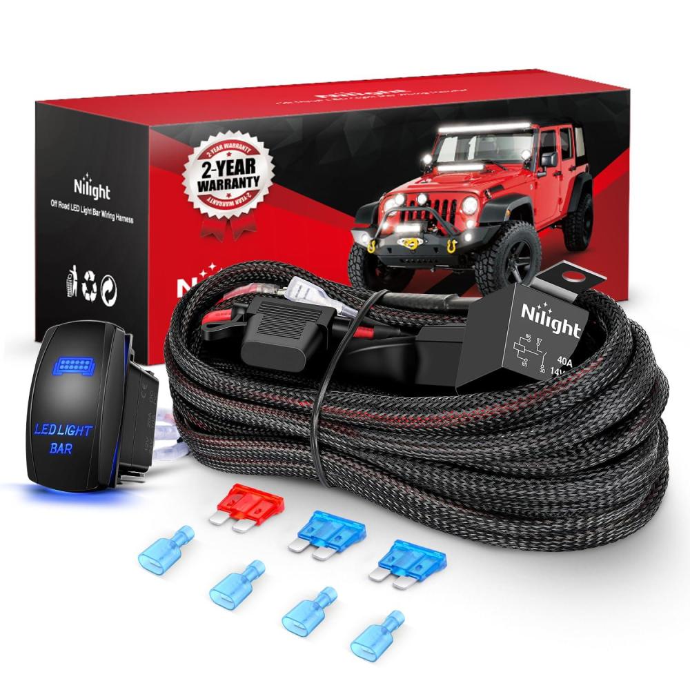 imageNilight 16AWG LED Light Bar Wiring Harness Kit 12V OnOff 2 Gang Rocker Switch Panel Power Relay Blade Fuse 5Pin Toggle Switches for Cars Boat ATV Trucks4 Leads16AWG Wiring Harness2 Leads w Nylon Wire Loom