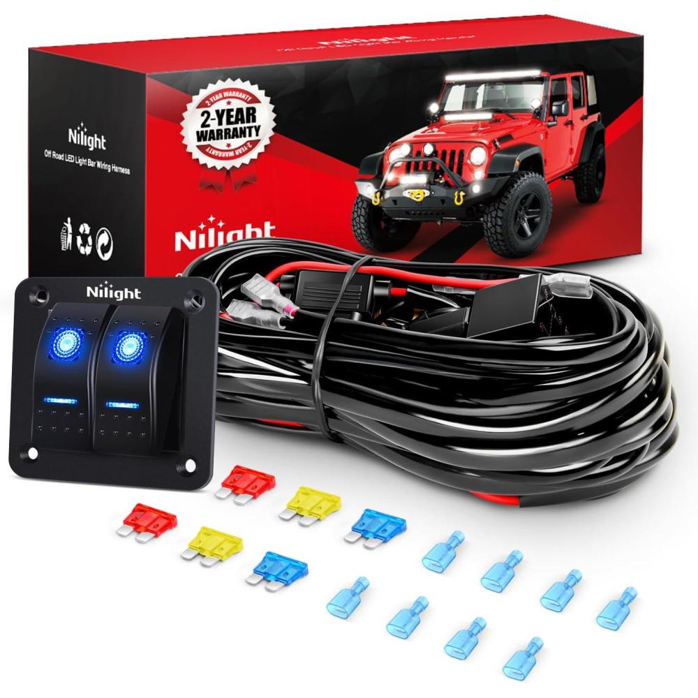 imageNilight 16AWG LED Light Bar Wiring Harness Kit 12V OnOff 3 Gang LED Pod Lights Rocker Switch Panel Power Relay Fuse 5Pin Toggle for Cars Boat ATV Trucks6 Leads2Gang Rocker Switch 16AWG Wiring Harness